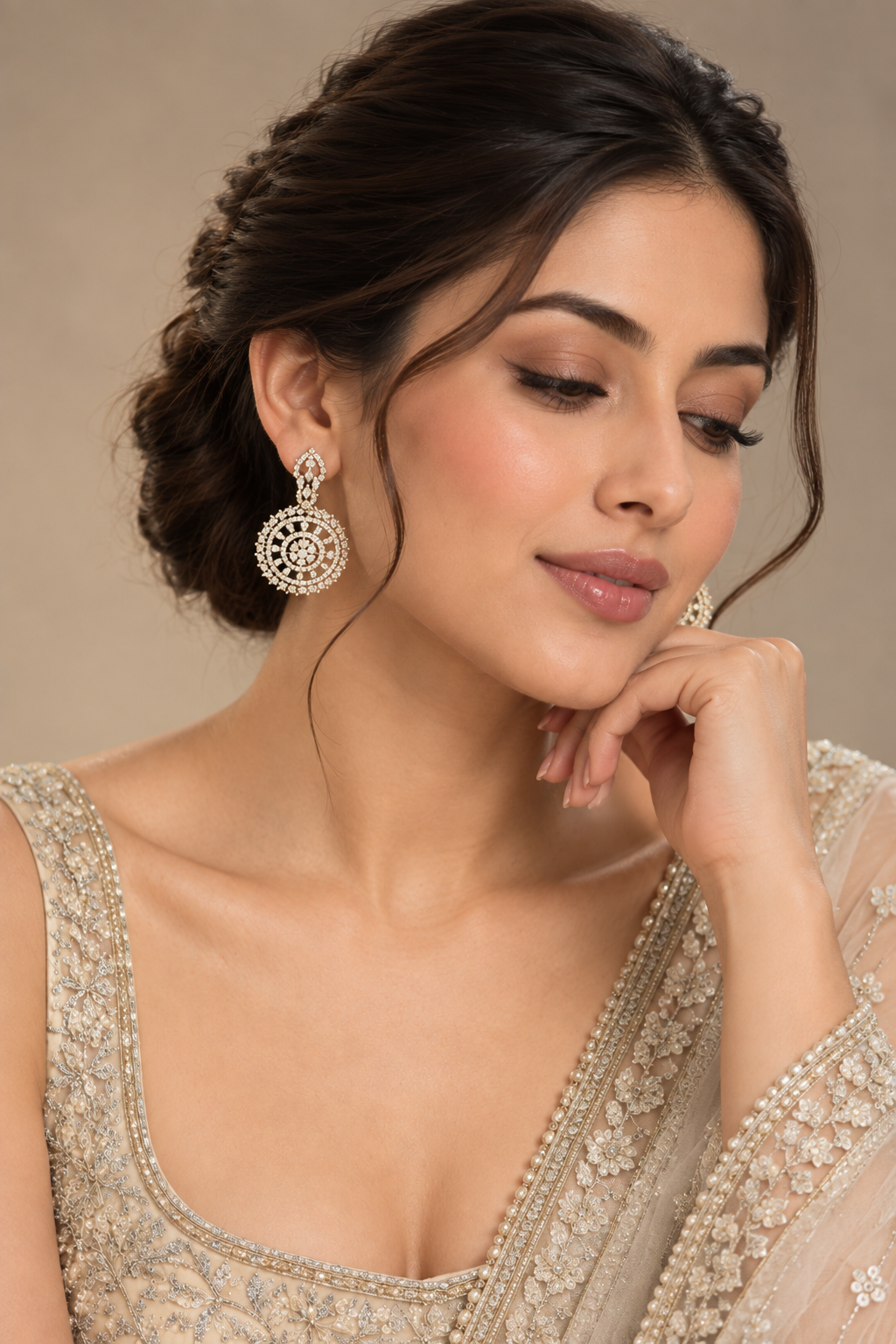 Indian Gold-Plated Stone Studded Drop Earrings – Round Floral Statement Danglers for Women, Wedding & Party Jewelry — Jewellery — view 2 | Lehar Clothing UAE