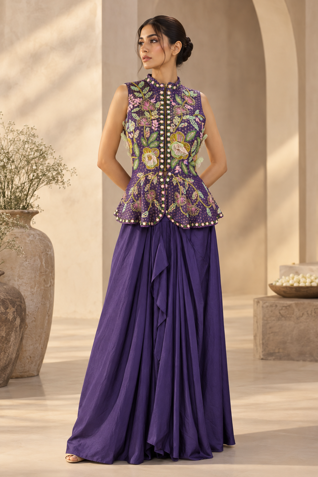 Purple Floral Embroidered Peplum Jacket with Draped Skirt Indo-Western Set — Fusion wear | Lehar Clothing UAE