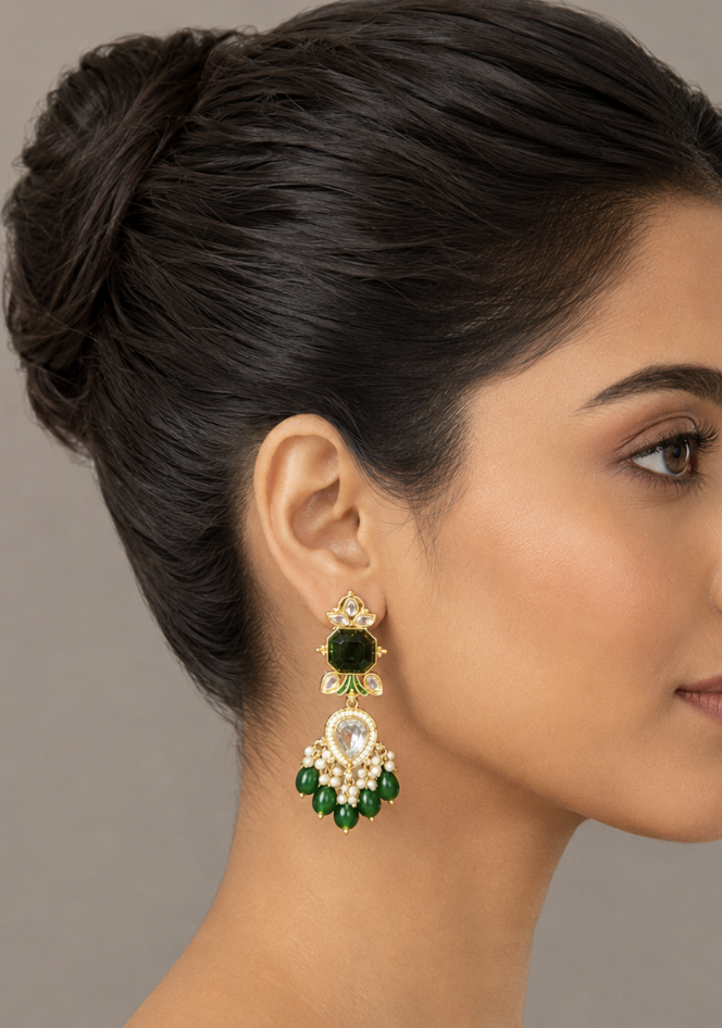 Women’s Emerald Green Kundan & Pearl Drop Earrings – Gold-Tone Traditional Imitation Jewellery — Jewellery — view 3 | Lehar Clothing UAE