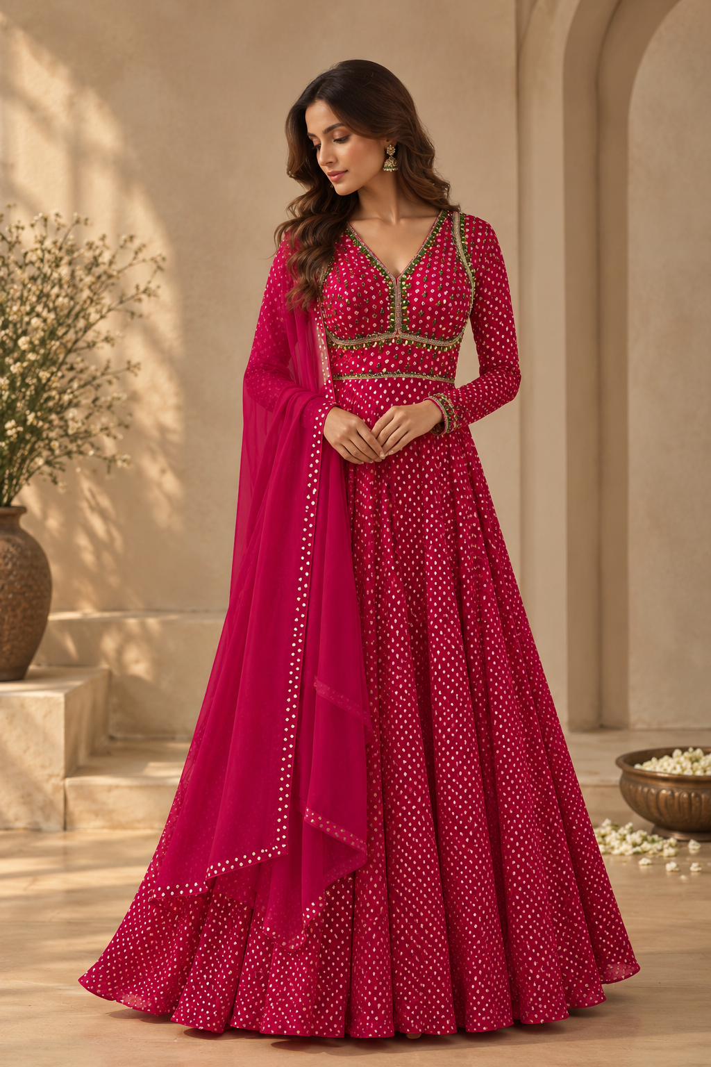 Fuchsia Pink Bandhani Print Anarkali Maxi Dress with Embellished V-Neck — Anarkali | Lehar Clothing UAE