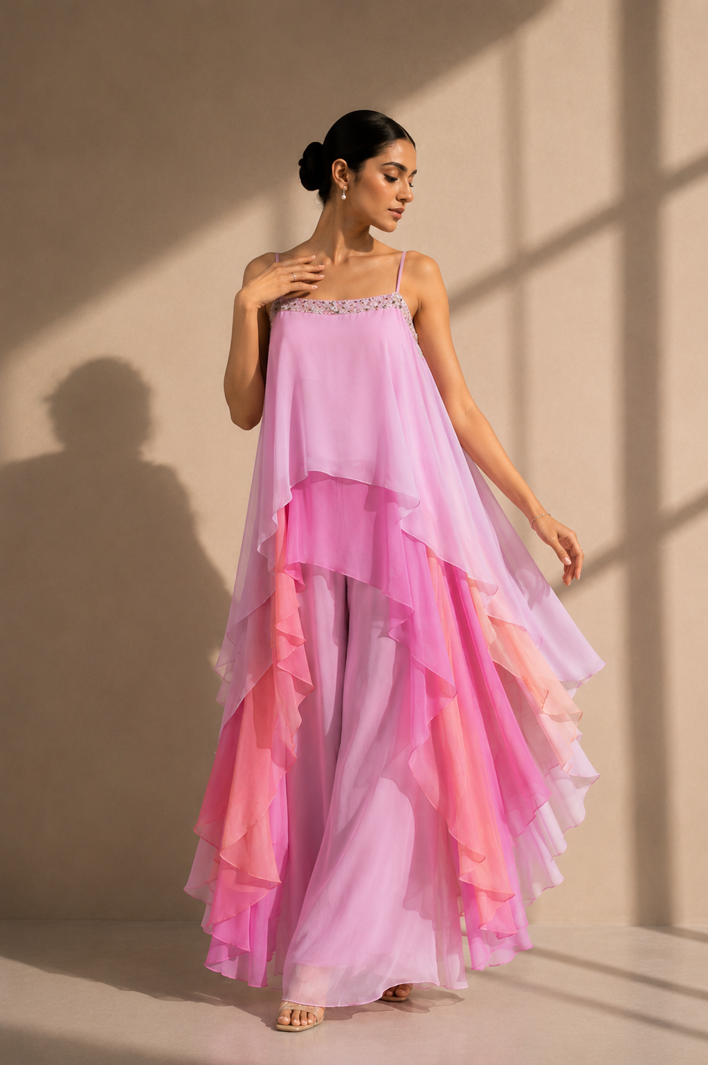 Pink Ombre Layered Chiffon Cape Top with Wide-Leg Palazzo Set — Palazzo Sets — view 2 | Lehar Clothing UAE
