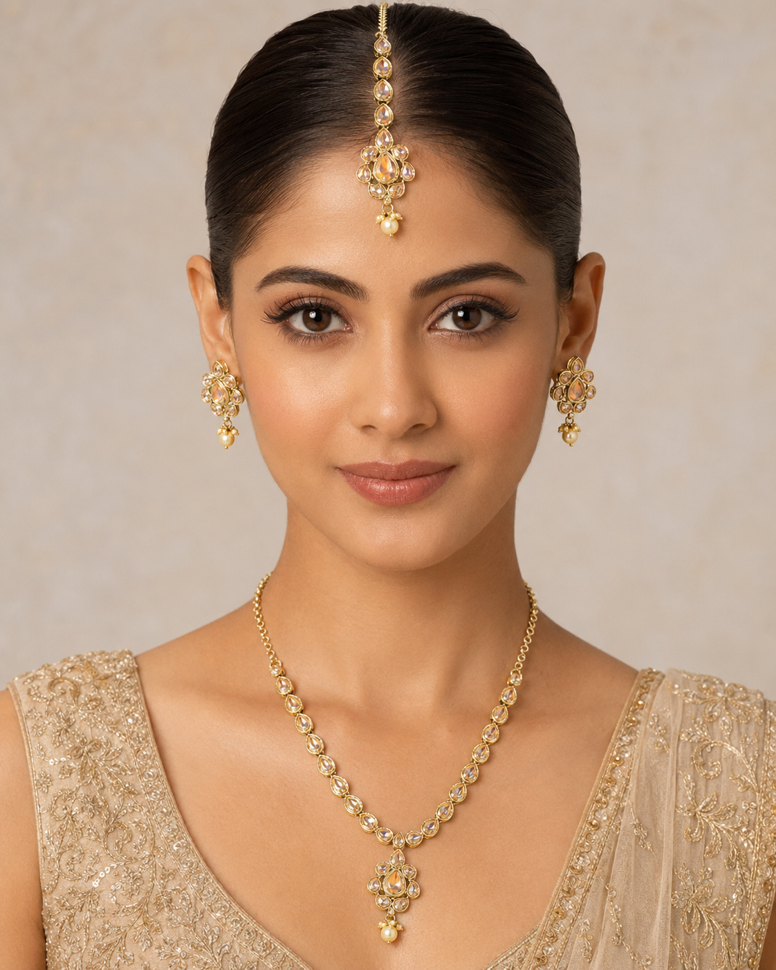 White Kundan Necklace Set with Maang Tikka - Gold Tone Indian Bridal Jewelry — Jewellery | Lehar Clothing UAE