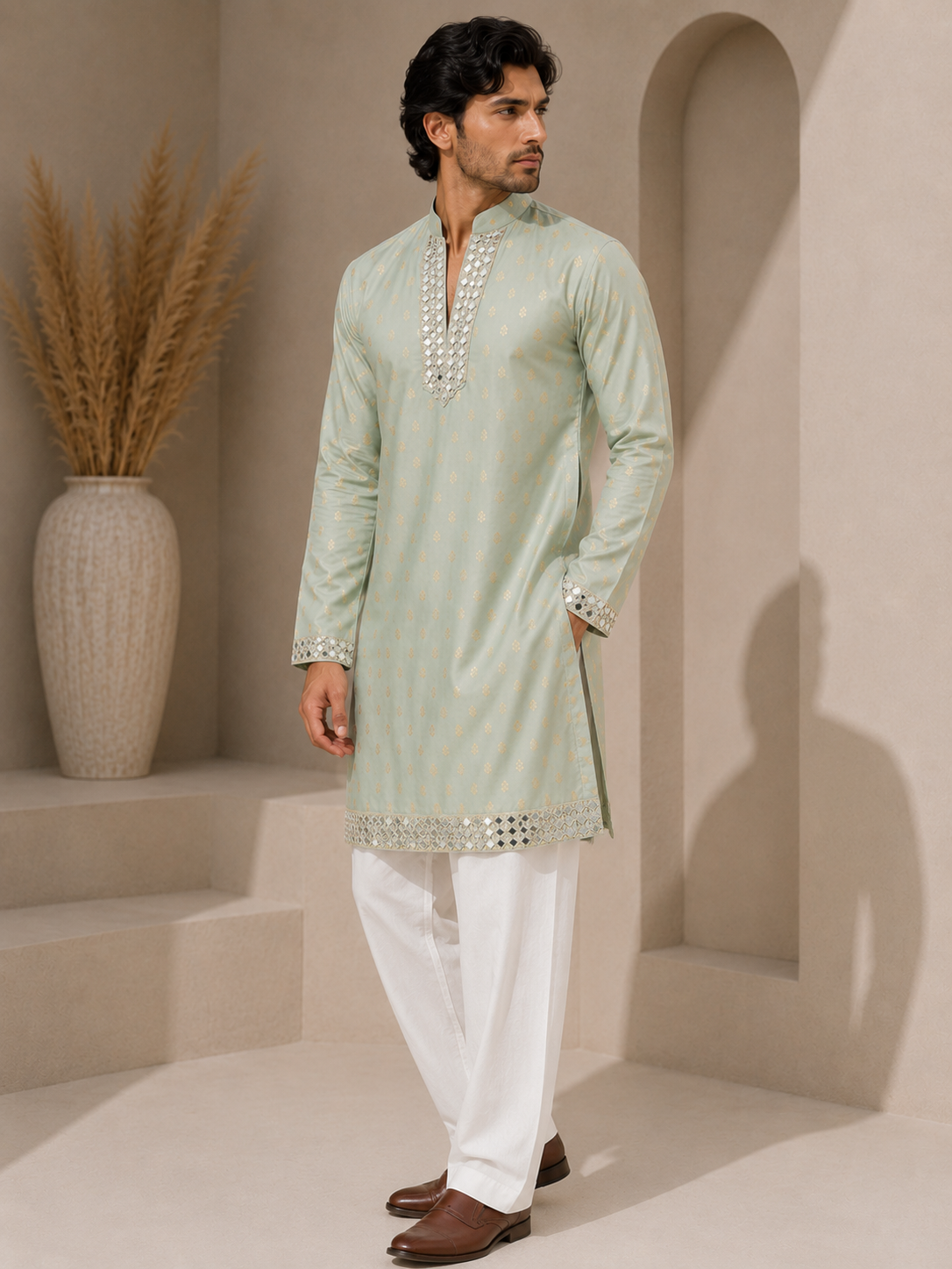 Green Mirror Embellished Kurta Set — Kurta Sets — view 2 | Lehar Clothing UAE