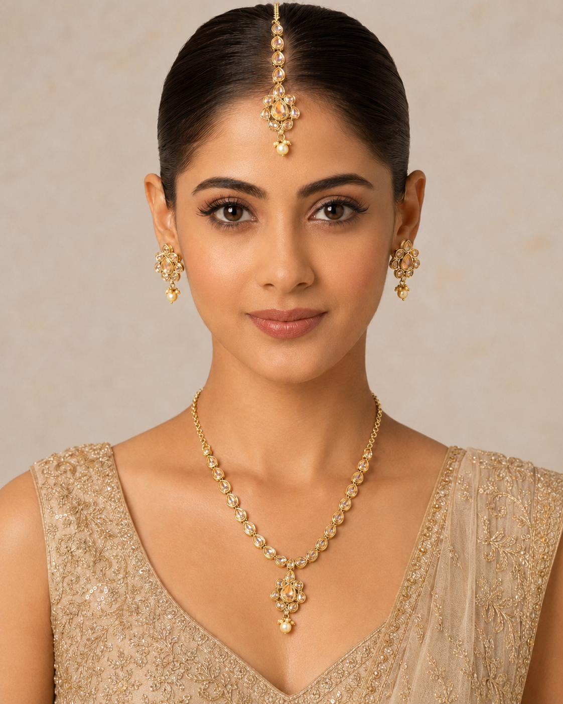 White Kundan Necklace Set with Maang Tikka - Gold Tone Indian Bridal Jewelry — Jewellery — view 4 | Lehar Clothing UAE