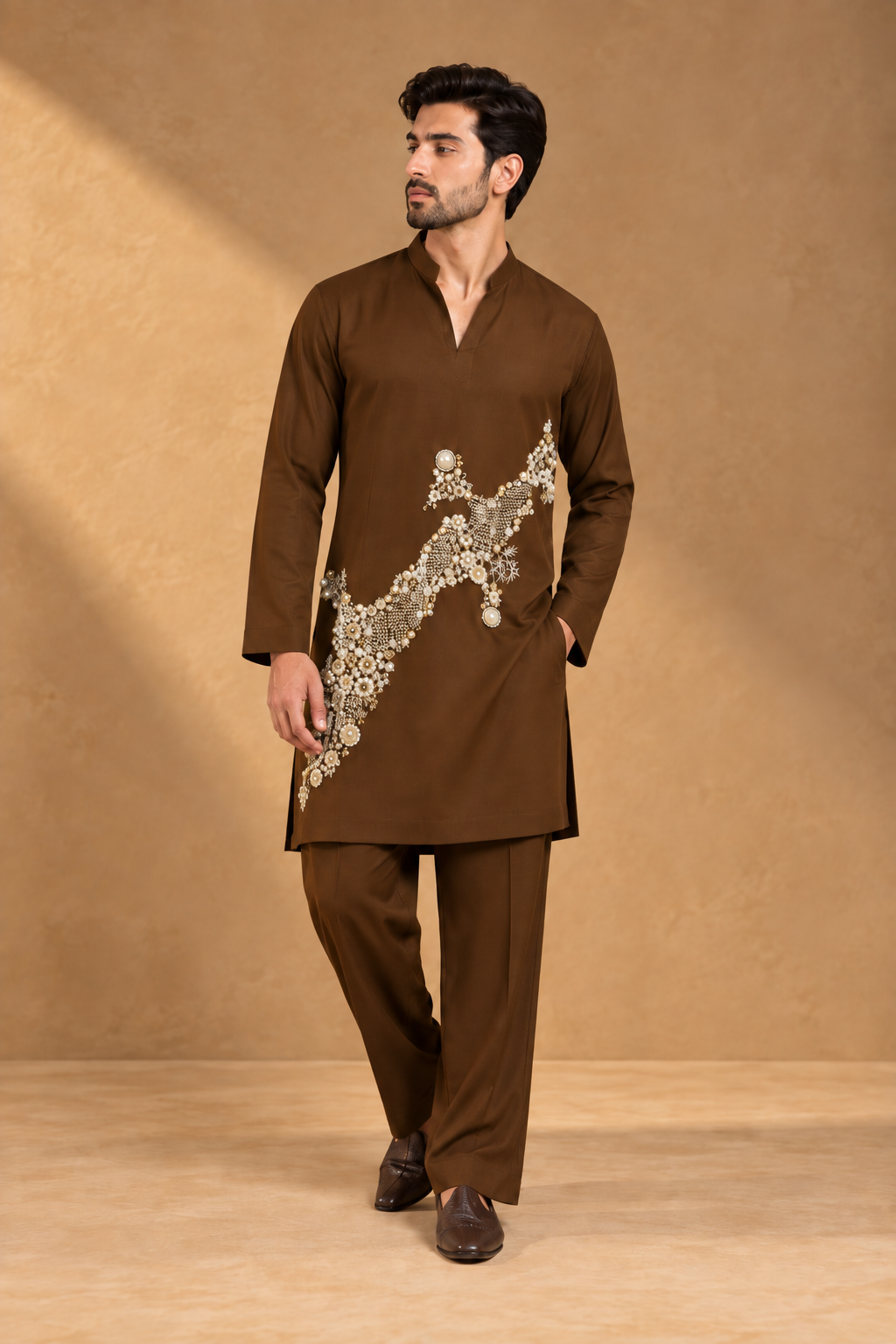 Men’s Chocolate Brown Pearl & Bead Embellished Kurta Pajama Set — Kurta Sets | Lehar Clothing UAE