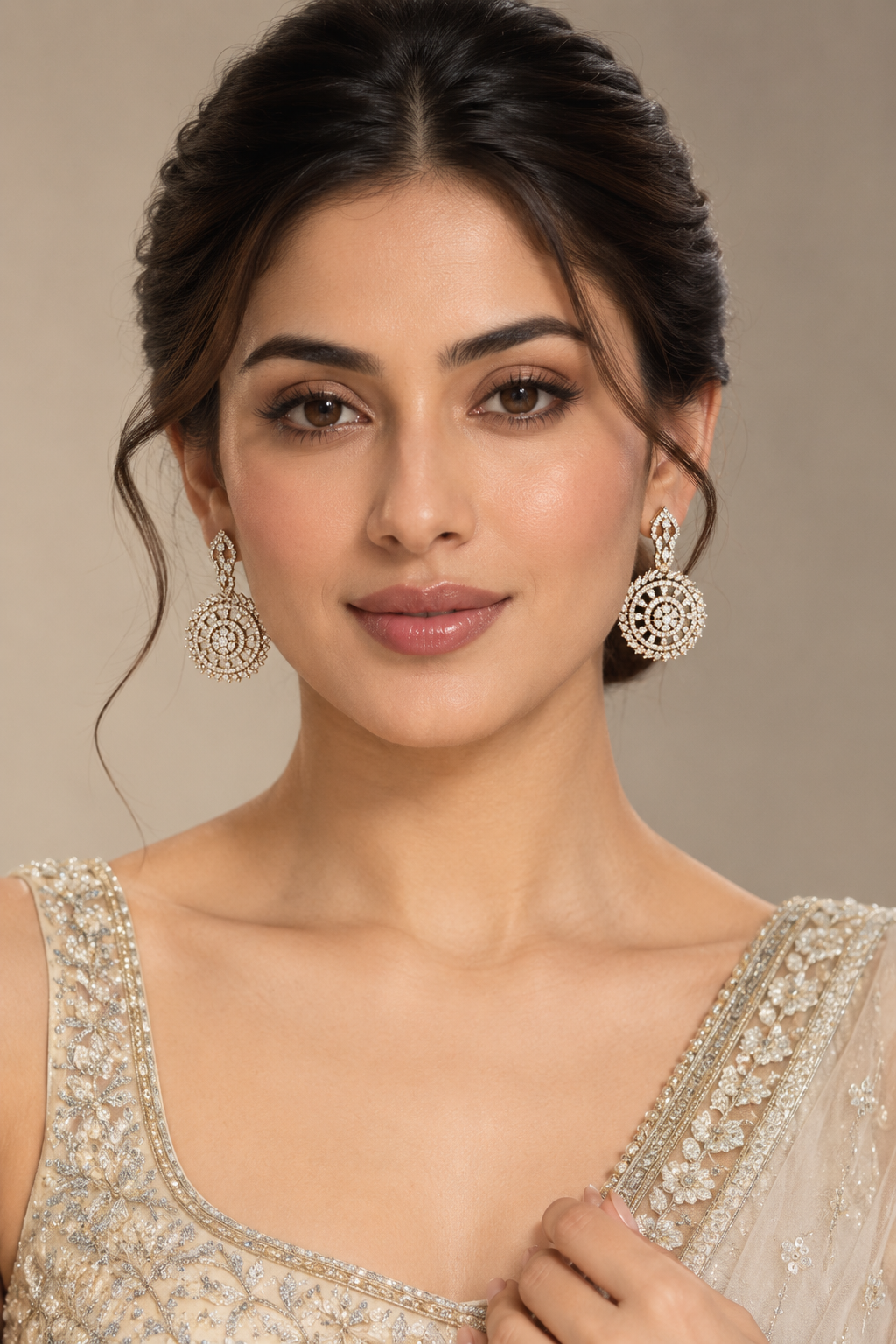 Indian Gold-Plated Stone Studded Drop Earrings – Round Floral Statement Danglers for Women, Wedding & Party Jewelry — Jewellery | Lehar Clothing UAE
