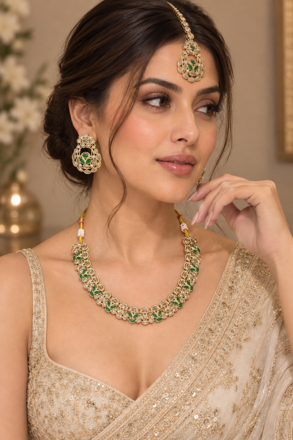 Emerald Green Floral Kundan Necklace Set with Earrings & Maang Tikka – Indian Bridal Jewelry — Jewellery | Lehar Clothing UAE