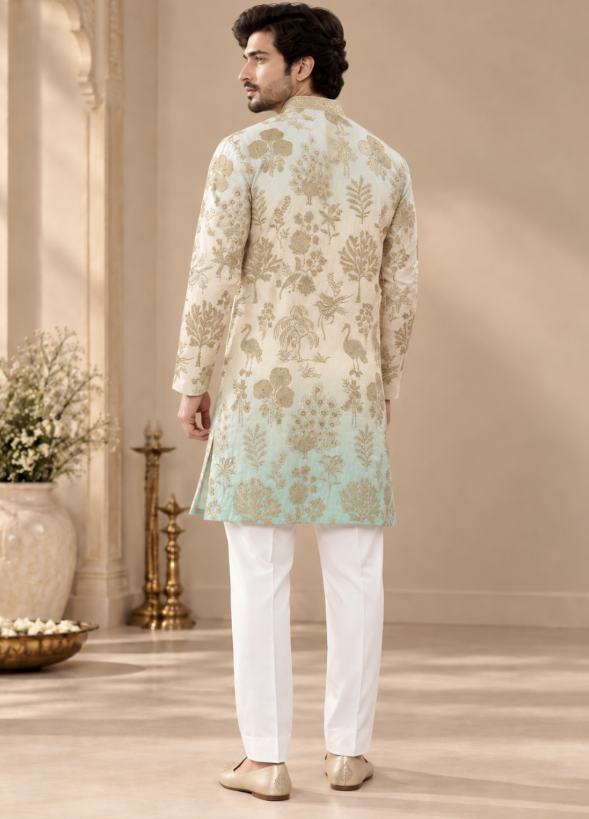 Men’s Ivory to Mint Ombre Kurta with Gold Floral Embroidery & White Trousers — Kurta Sets — view 3 | Lehar Clothing UAE