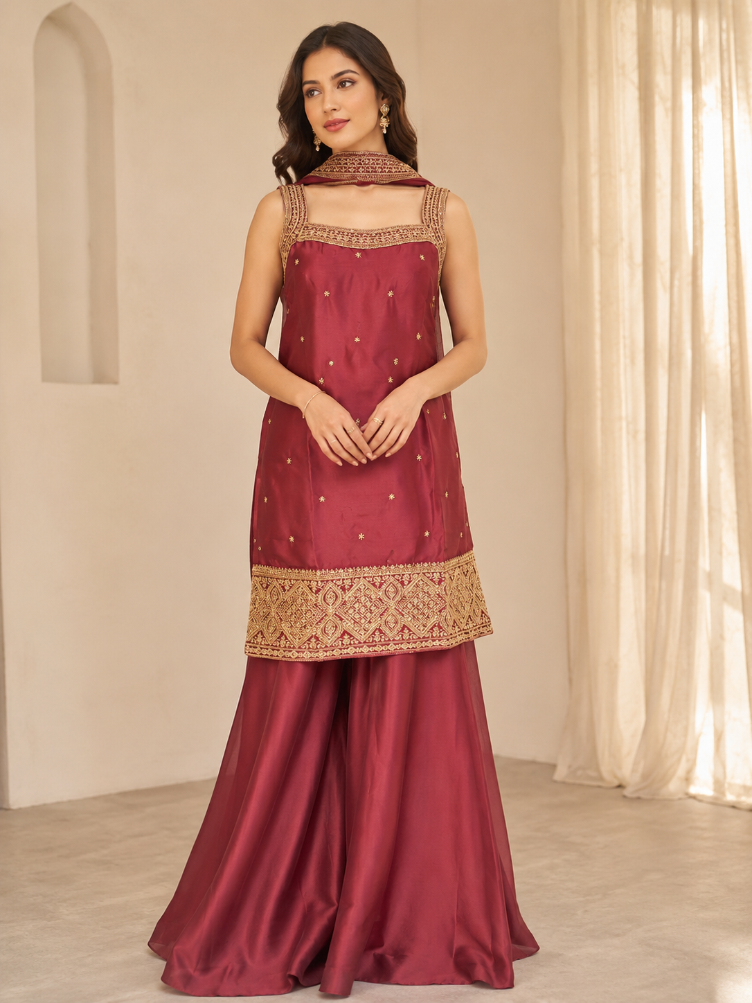 Women's Maroon Gold-Embroidered Kurti and Sharara Pants Set with Dupatta — Sharara Set — view 3 | Lehar Clothing UAE