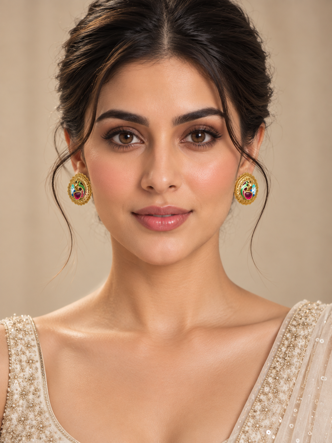 Peacock Meenakari Oval Studs – Gold-Tone Indian Traditional Jewelry — Jewellery | Lehar Clothing UAE