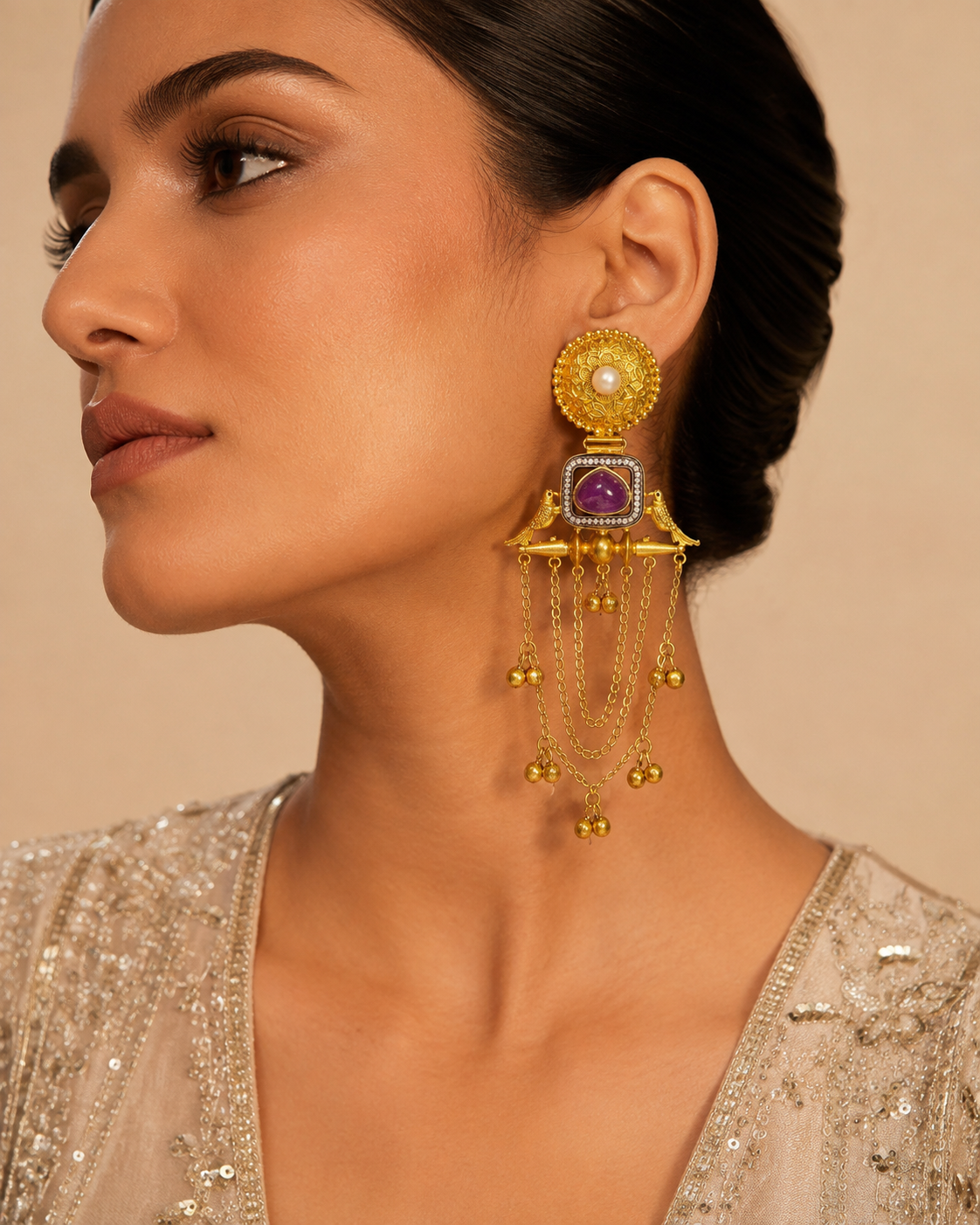 Imitation Gold-Tone Purple Stone Bird Motif Statement Kashir Dangler Earrings — Jewellery — view 2 | Lehar Clothing UAE