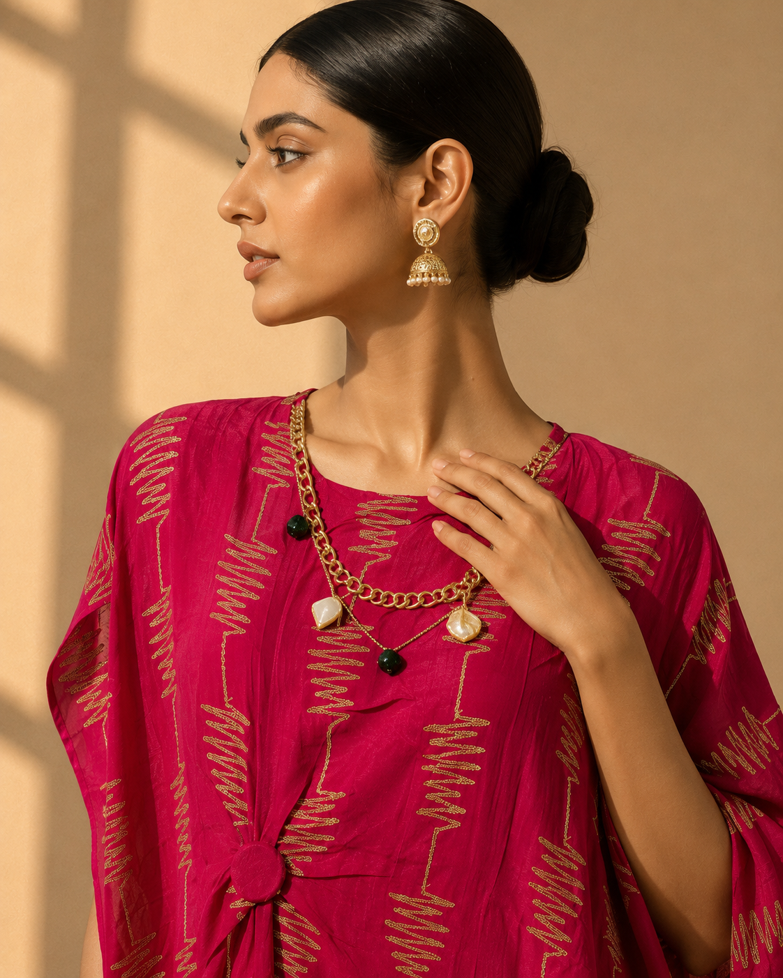 Fuchsia Draped Kaftan Three-Piece Set — Kurta Sets — view 3 | Lehar Clothing UAE