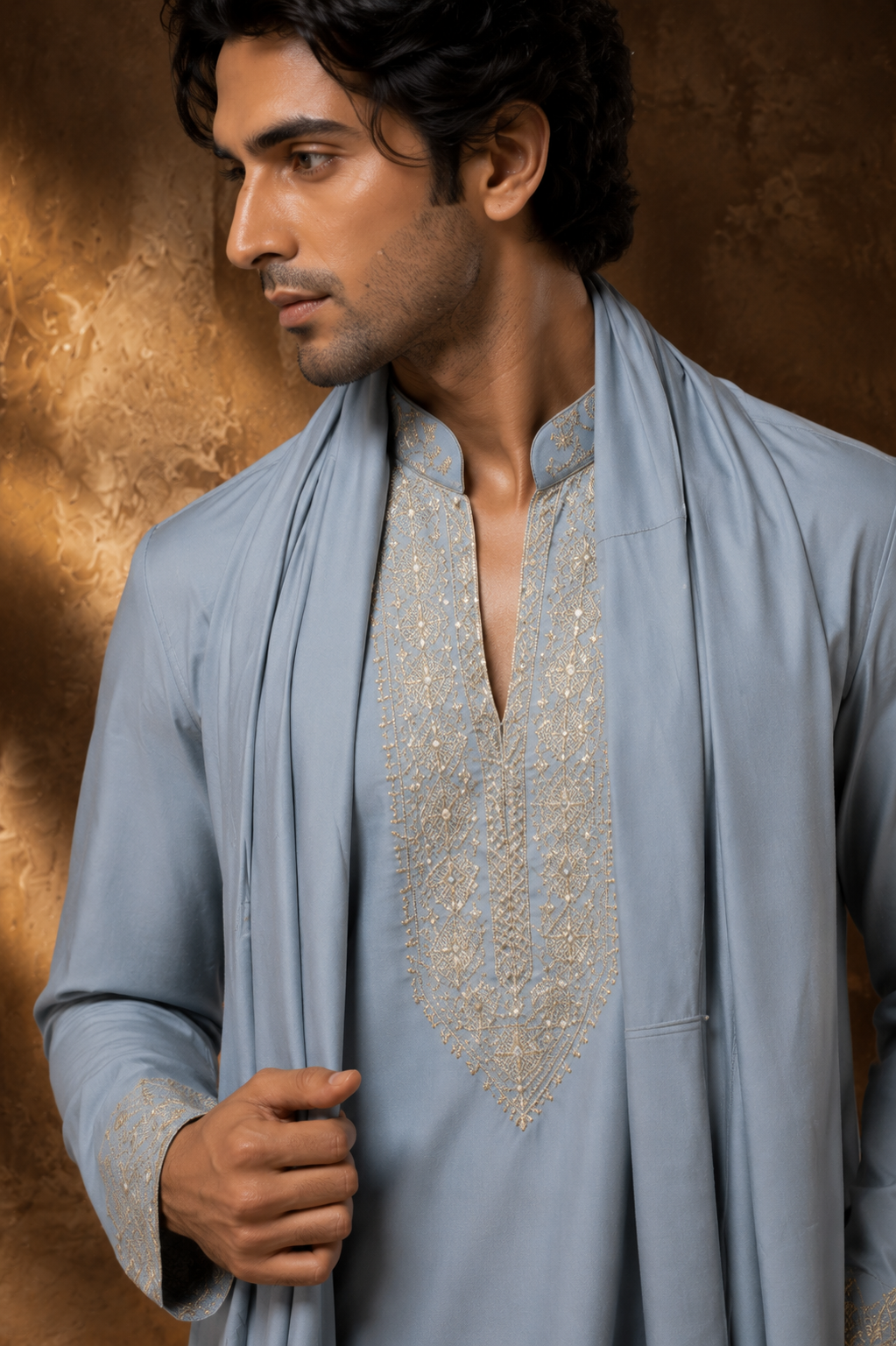 Men’s Powder Blue Embroidered Kurta Set with Matching Stole & Trousers — Kurta Sets — view 3 | Lehar Clothing UAE