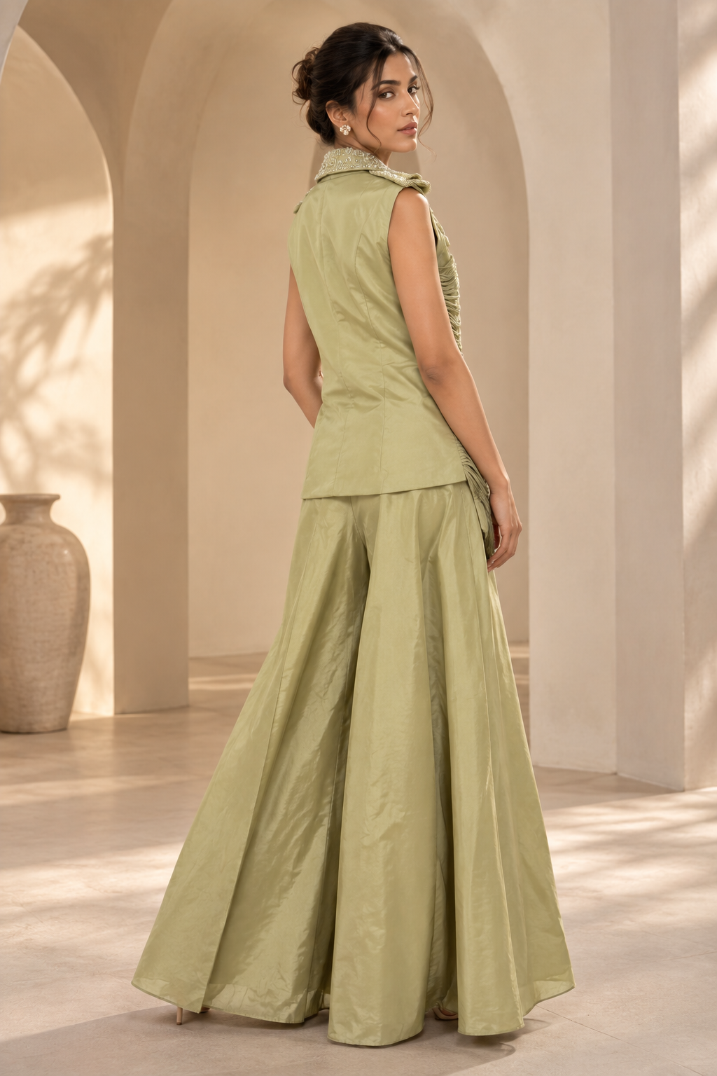 Sage Green Embellished Draped Vest with Wide-Leg Palazzo Pants Indo-Western Co-ord Set — Palazzo Sets — view 3 | Lehar Clothing UAE