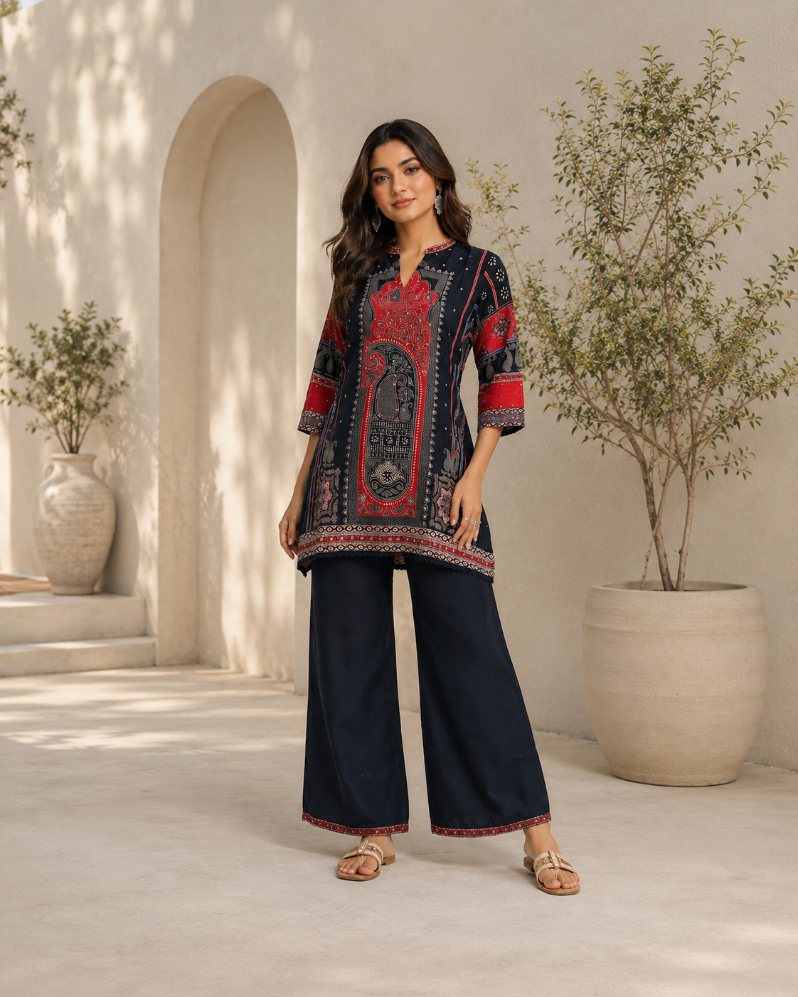 Women's Black Paisley Printed Co-Ord Set with Wide-Leg Palazzo Pants — Co-ord Set — view 2 | Lehar Clothing UAE