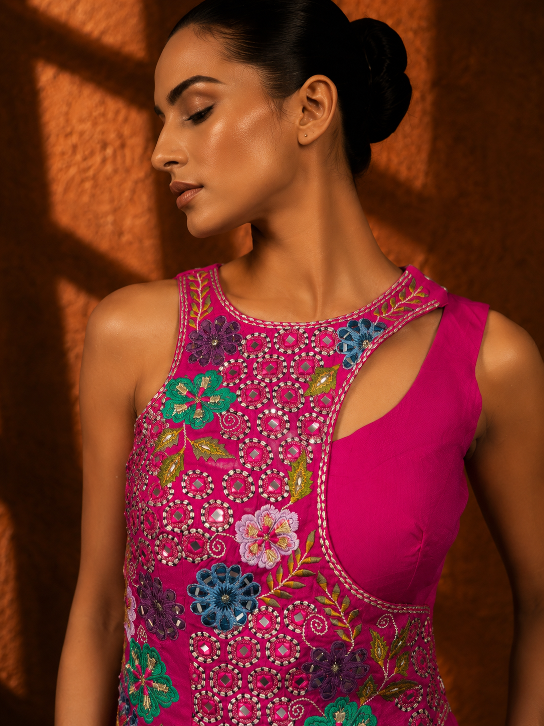 Fuchsia Pink Sleeveless Floral Embroidered Palazzo Set — Palazzo Sets — view 3 | Lehar Clothing UAE