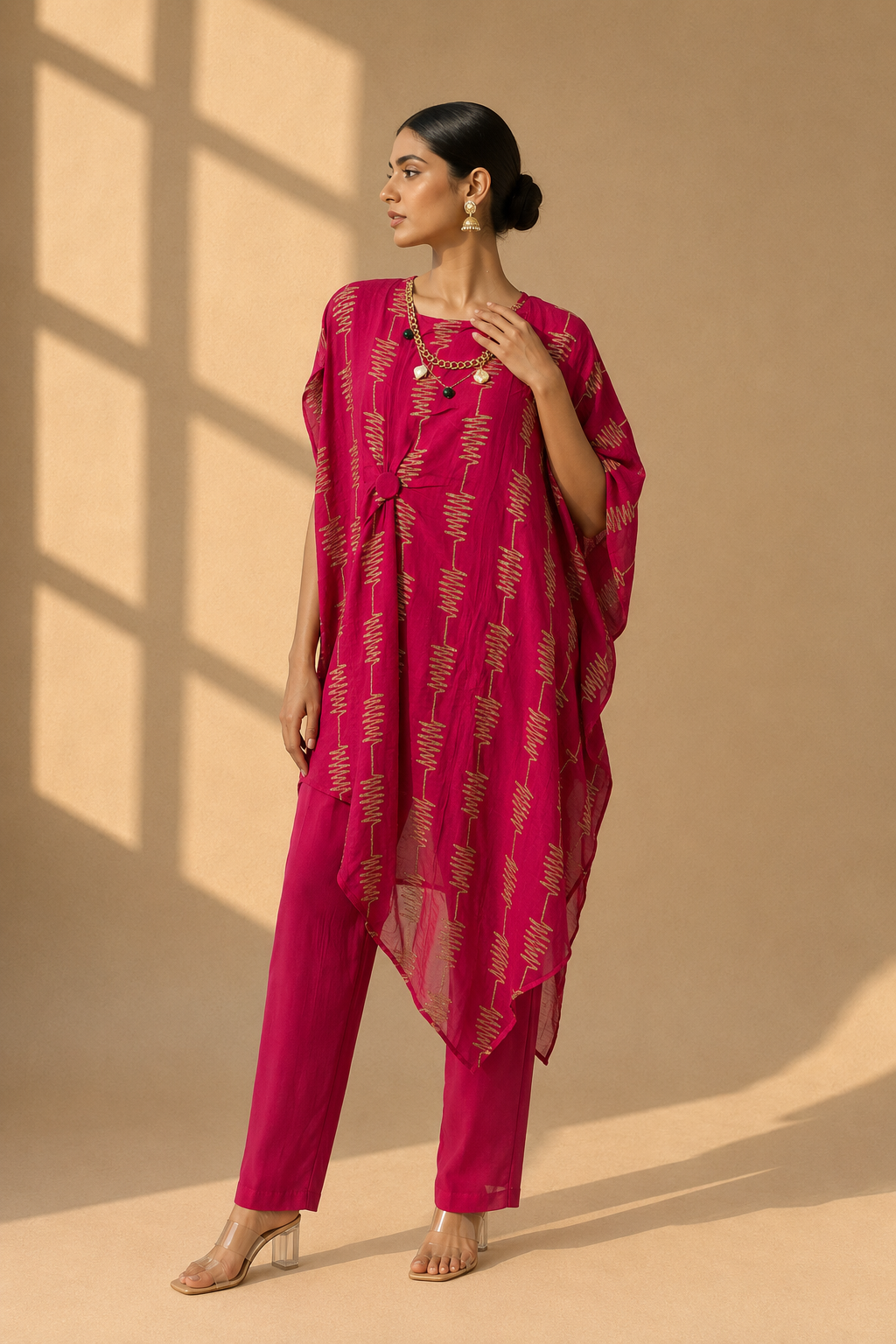 Fuchsia Draped Kaftan Three-Piece Set — Kurta Sets | Lehar Clothing UAE