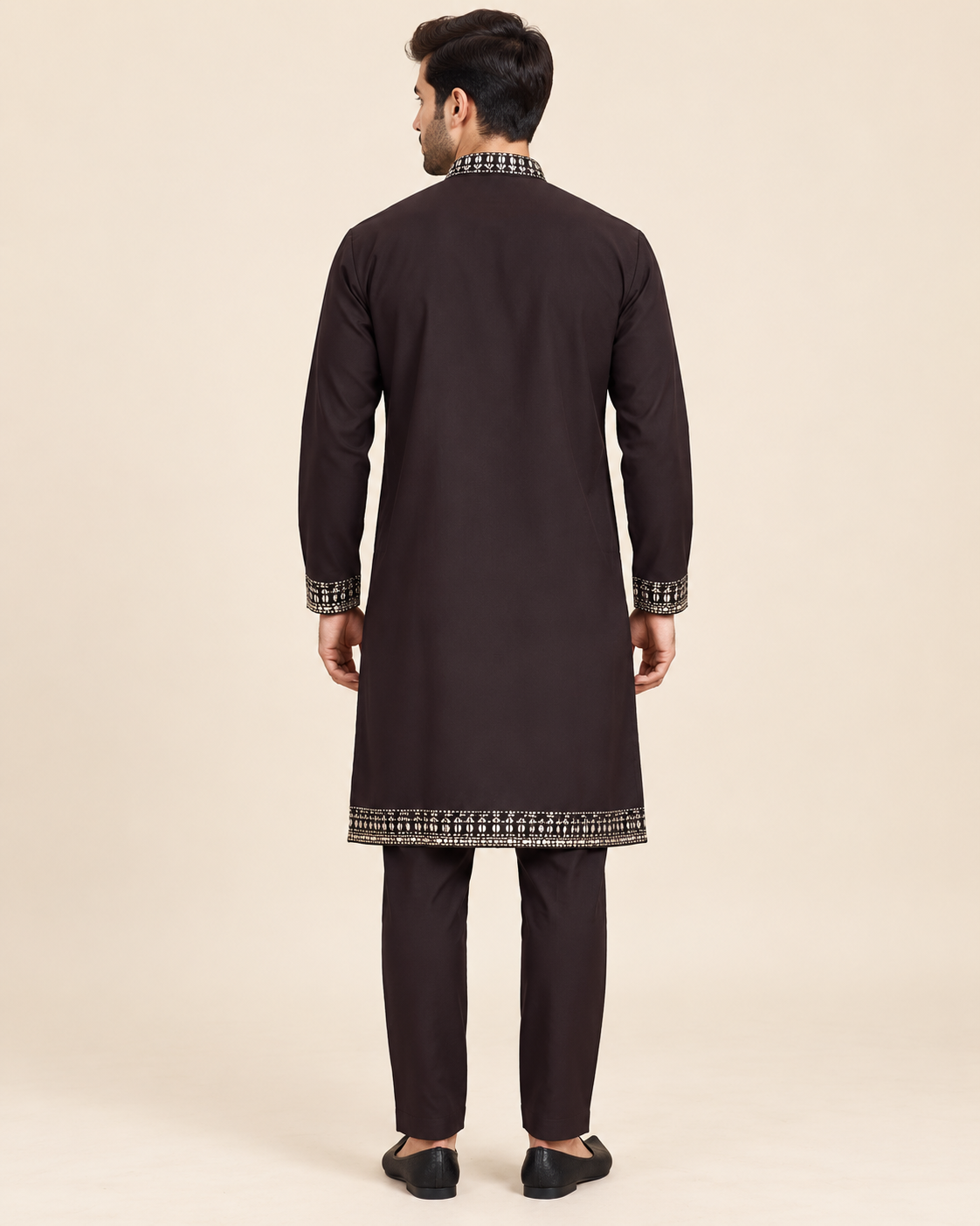 Men’s Dark Brown Mirror Work Embroidered Kurta Pajama Set — Kurta Sets — view 3 | Lehar Clothing UAE