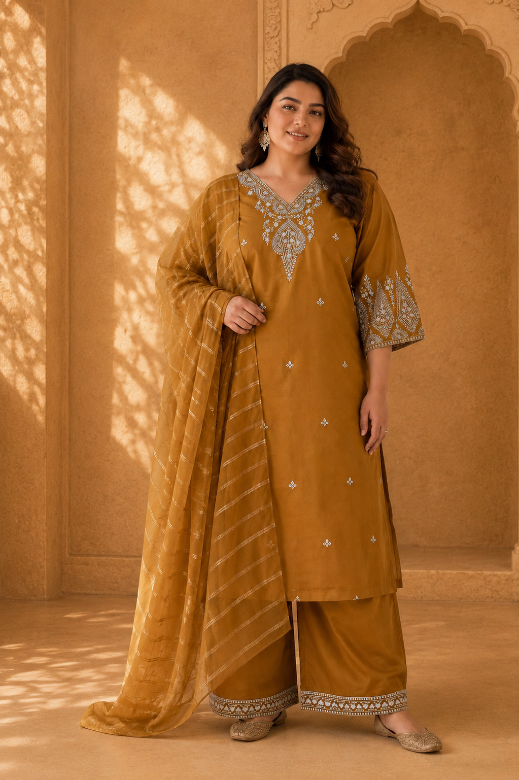 Tan Muslin Cotton Embroidered Kurta Set with Organza Dupatta — Kurta Sets | Lehar Clothing UAE