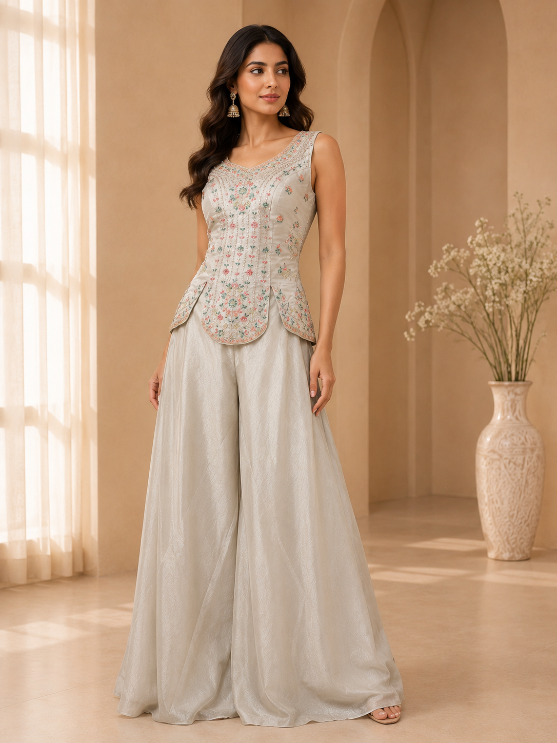 Light Grey Sleeveless Floral Embroidered Short Top with Flared Sharara & Dupatta Set — Sharara Set — view 2 | Lehar Clothing UAE