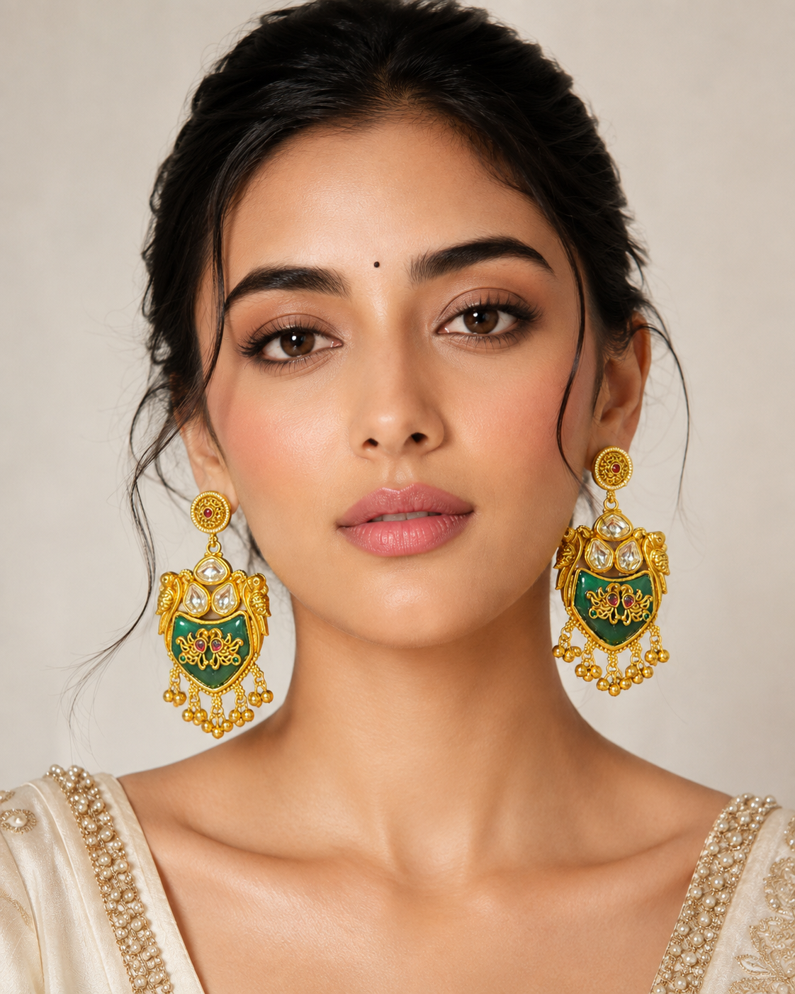 Imitation Gold-Tone Green Kundan Statement Kashir Dangler Earrings — Jewellery — view 2 | Lehar Clothing UAE