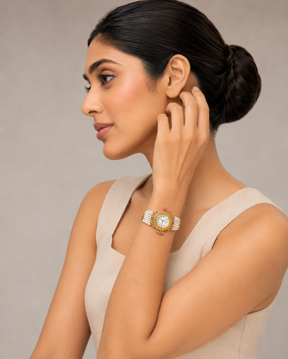 Multi-Strand Pearl Bead Jewelry Watch for Women - Gold Tone Indian Bracelet Watch — Jewellery — view 5 | Lehar Clothing UAE
