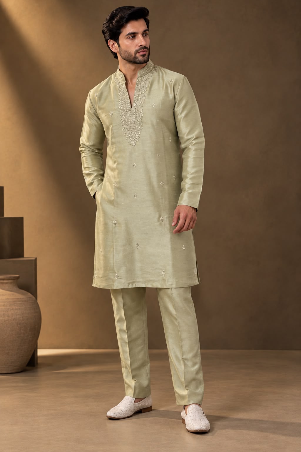 Beige Embroidered Silk Kurta with Ivory Straight Pants — Kurta Sets — view 2 | Lehar Clothing UAE