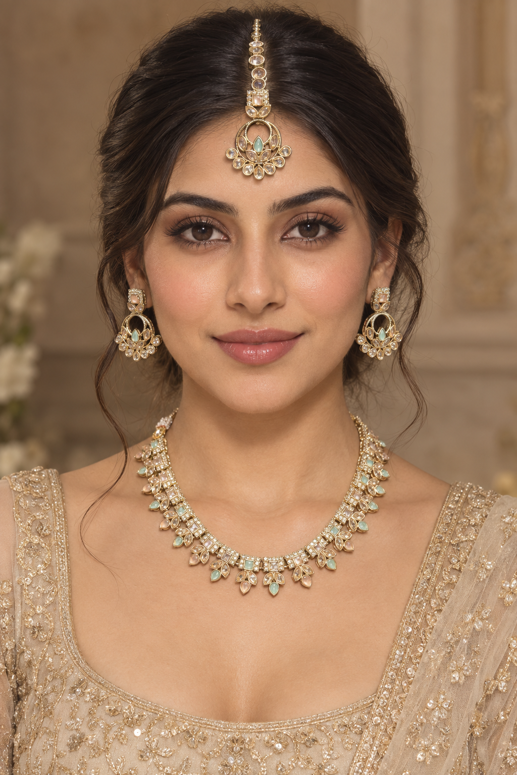 Mint & Peach Pastel Kundan Necklace Set with Chandbali Earrings & Maang Tikka - Indian Bridal Jewelry — Jewellery — view 2 | Lehar Clothing UAE
