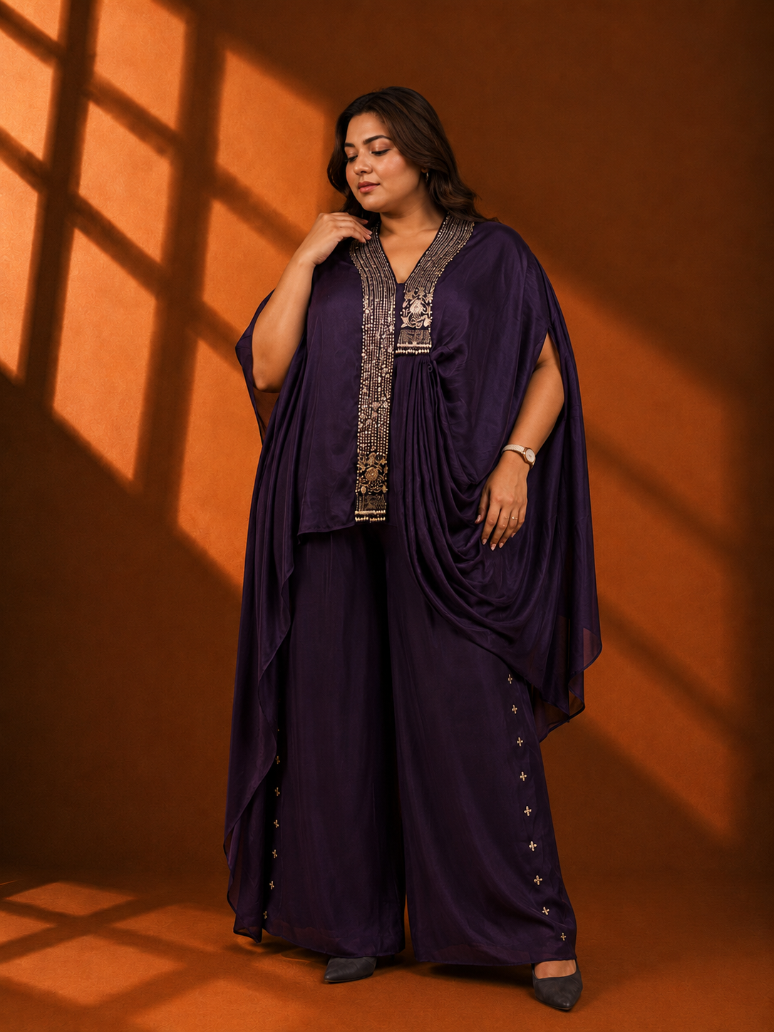 Midnight Purple Hand-Embellished Drape Kaftan Set with Wide-Leg Palazzo Pants — Fusion wear — view 2 | Lehar Clothing UAE
