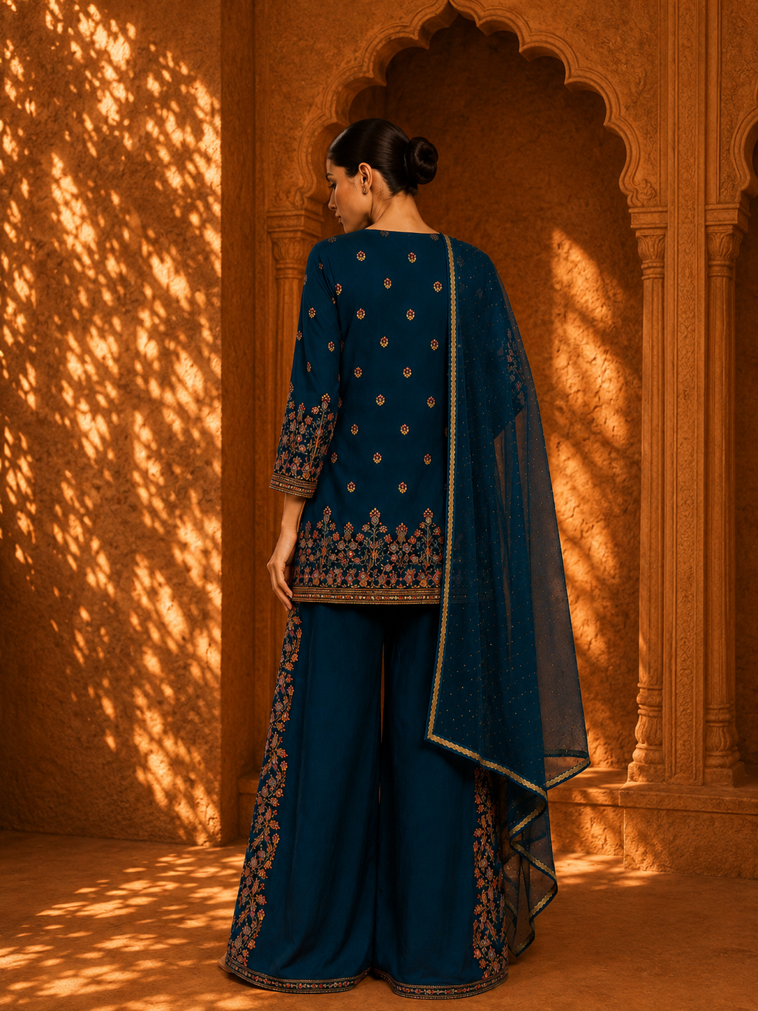 Midnight Teal Embroidered Kurta Palazzo Set with Dupatta — Palazzo Sets — view 2 | Lehar Clothing UAE