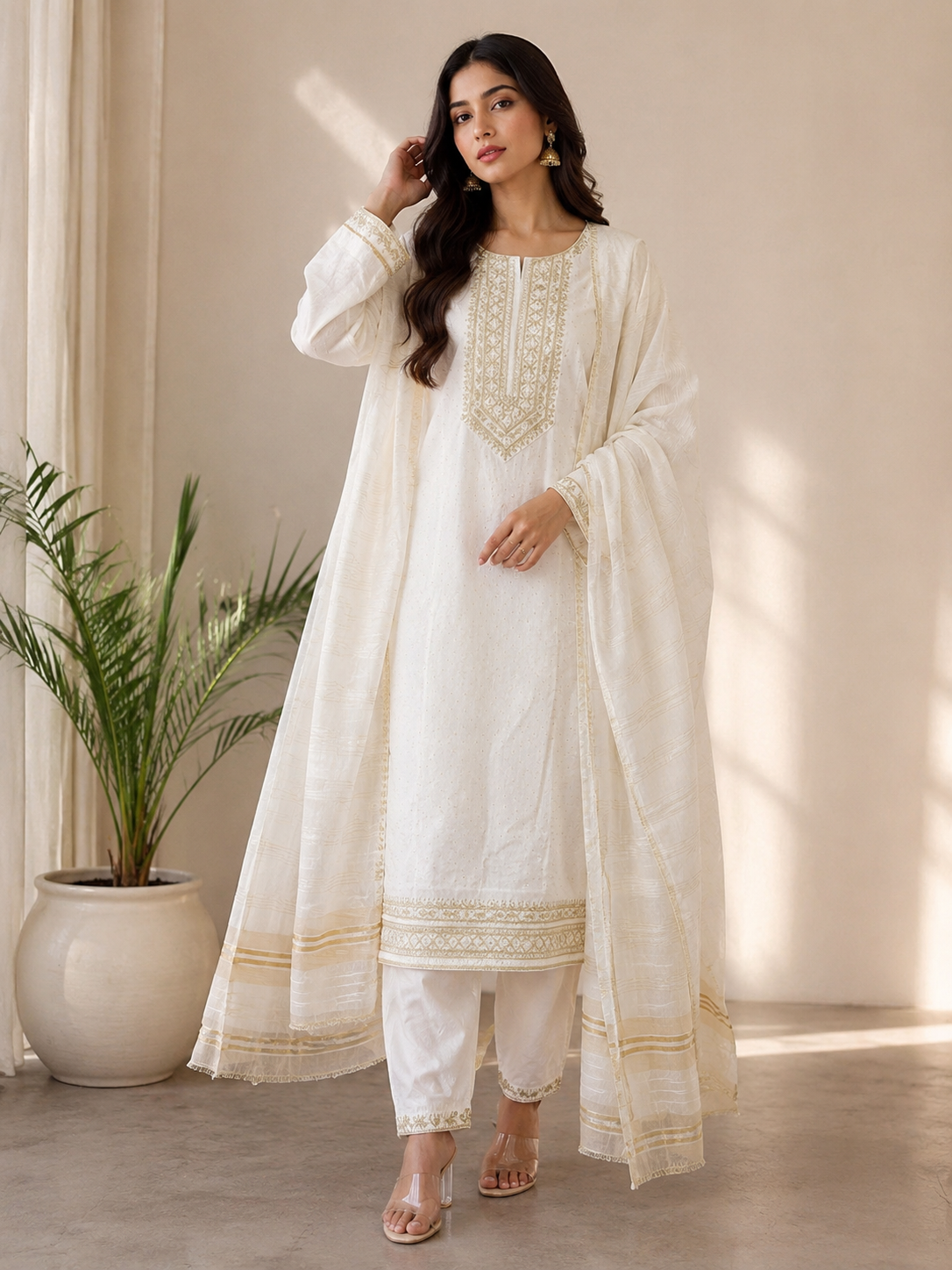 Elegant Ivory Embroidered Kurta, Salwar & Striped Woven Dupatta Set — Kurta Sets | Lehar Clothing UAE