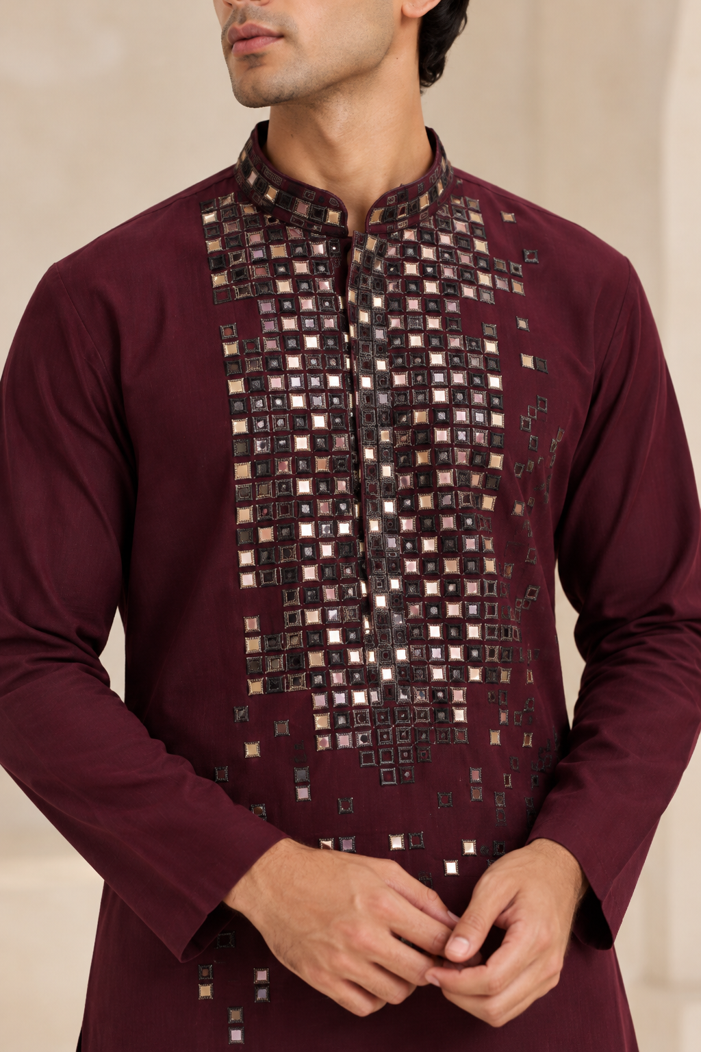 Men’s Deep Maroon Mirror Work Embroidered Kurta with Matching Pants — Kurta Sets — view 3 | Lehar Clothing UAE
