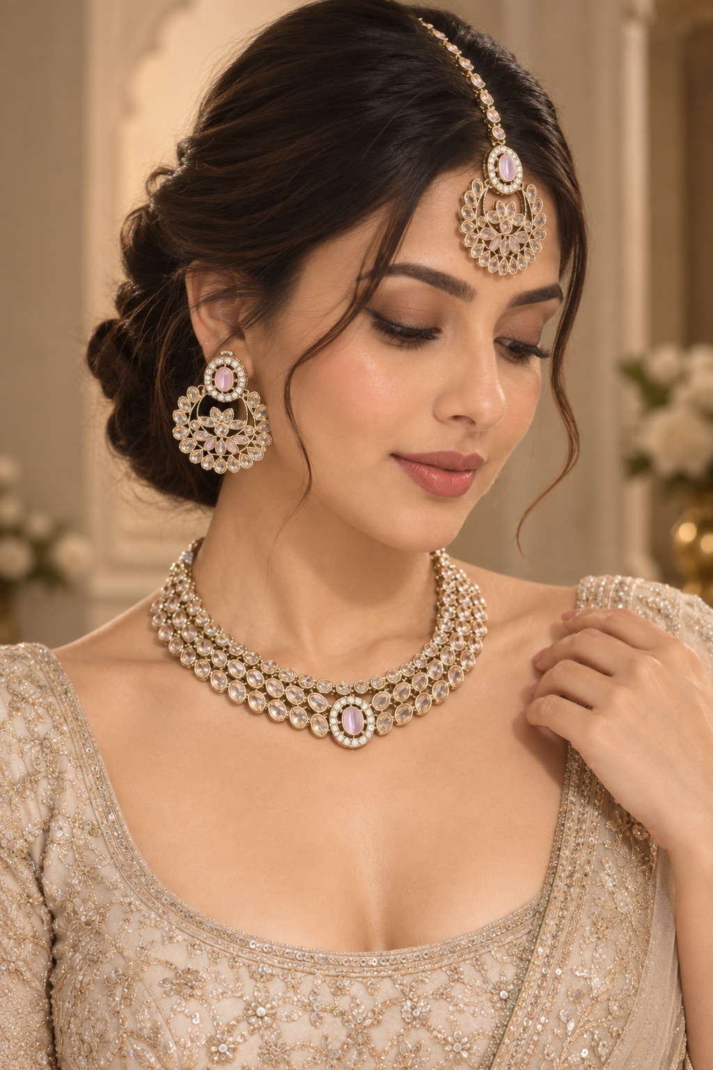 Blush Pink Kundan Layered Choker Set with Chandbali & Tikka – Indian Bridal Jewelry — Jewellery — view 2 | Lehar Clothing UAE