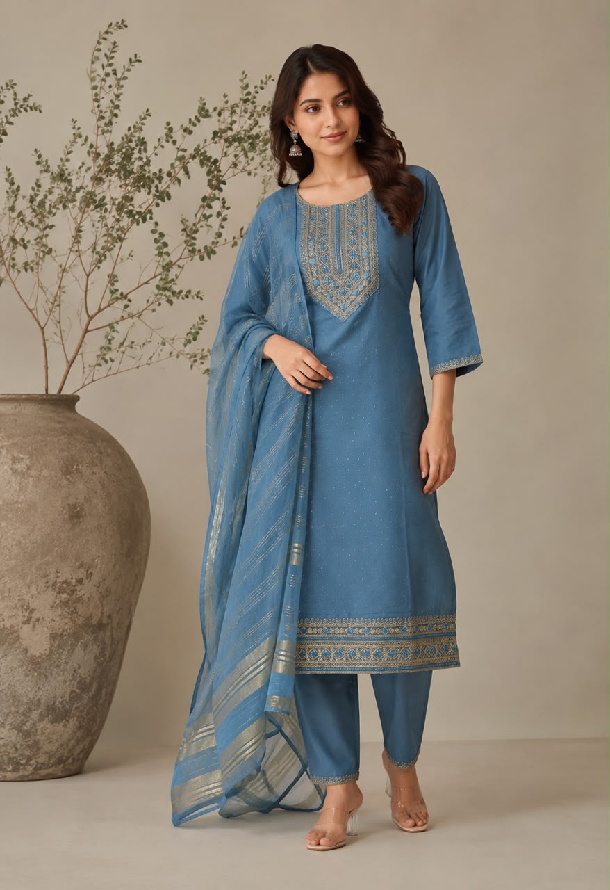 Women's Dark Blue 3-Piece Embroidered Kurta and Pant Set with Dupatta — Kurta Sets | Lehar Clothing UAE