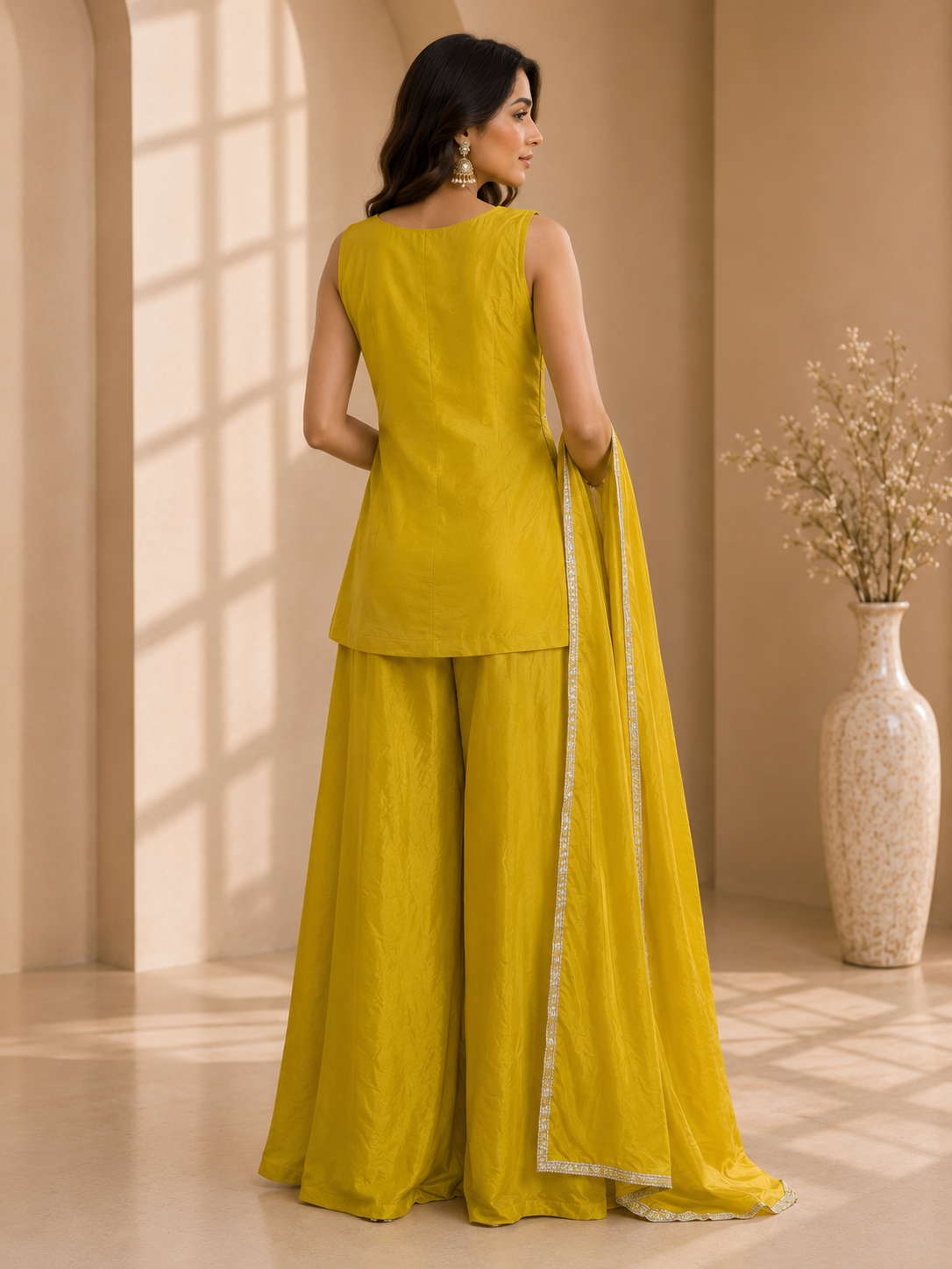 Mustard Yellow Embroidered Peplum Sharara Set with Dupatta — Sharara Set — view 2 | Lehar Clothing UAE