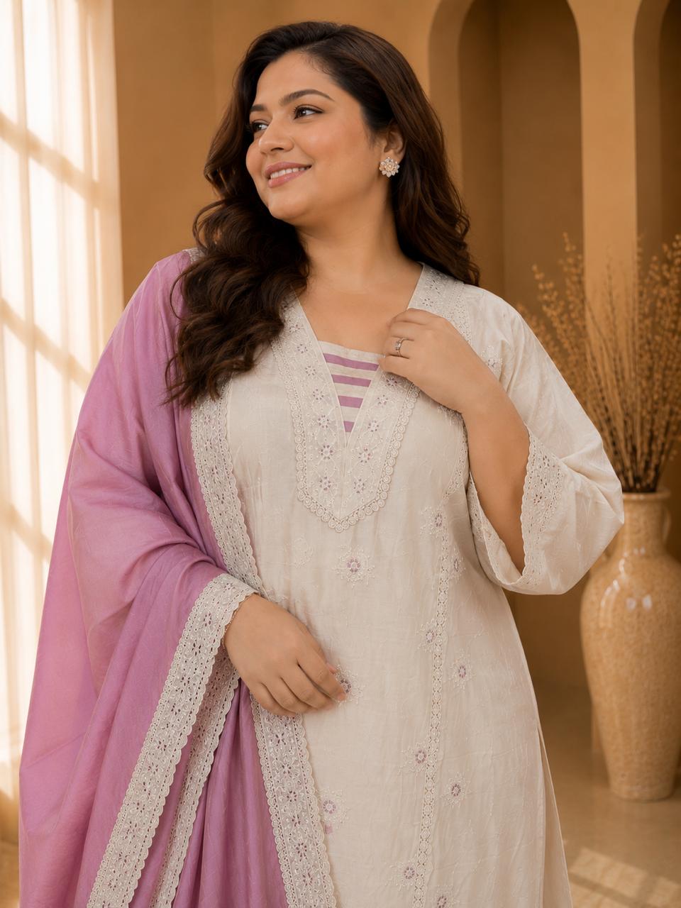 Women's Ivory White Embroidered Straight Kurta with Pants and Pink Dupatta Set — Kurta Sets - Plus Size — view 2 | Lehar Clothing UAE
