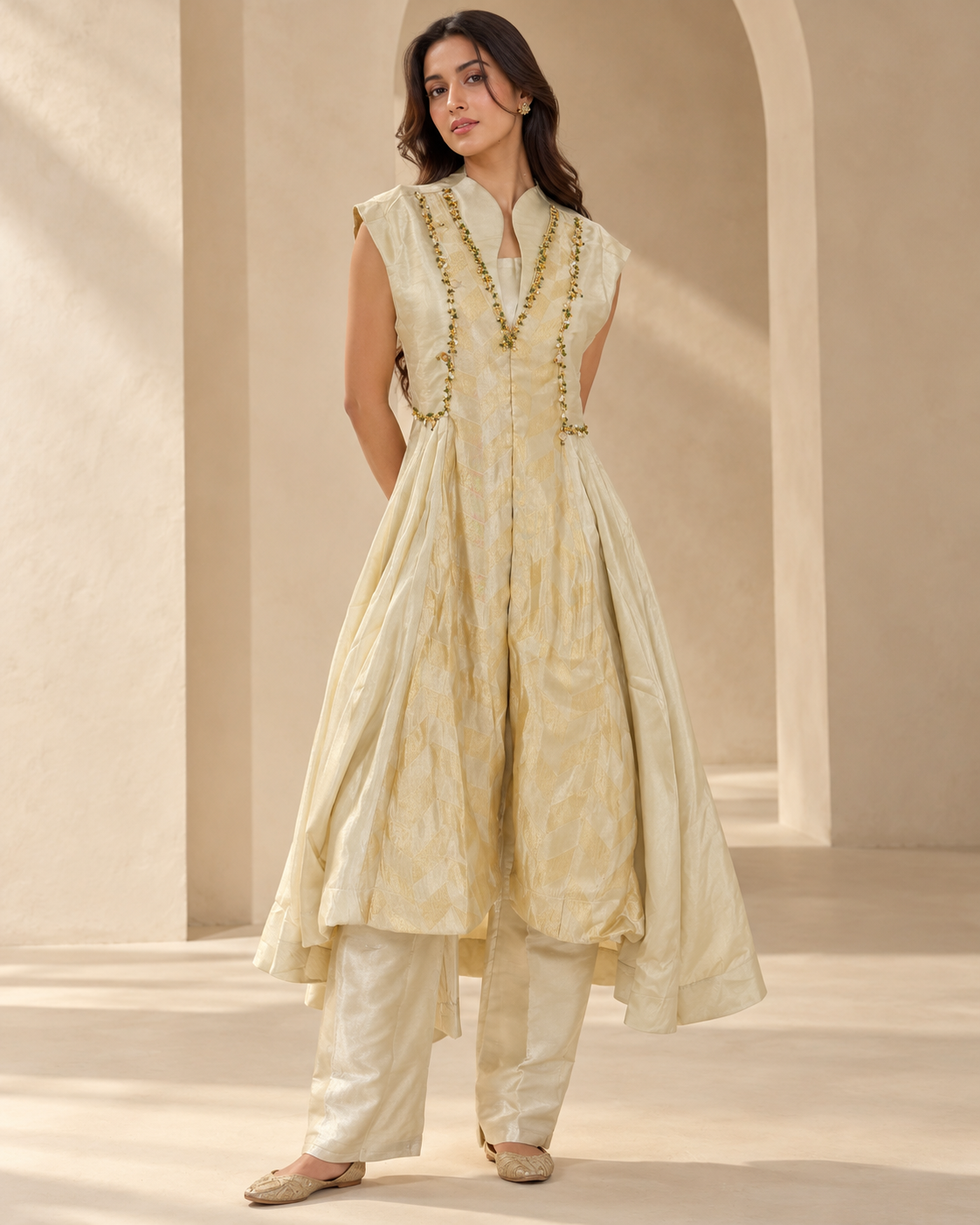 Women's Ivory Embroidered Layered Anarkali Jacket Set with Bustier & Straight Pants — Palazzo Sets — view 2 | Lehar Clothing UAE