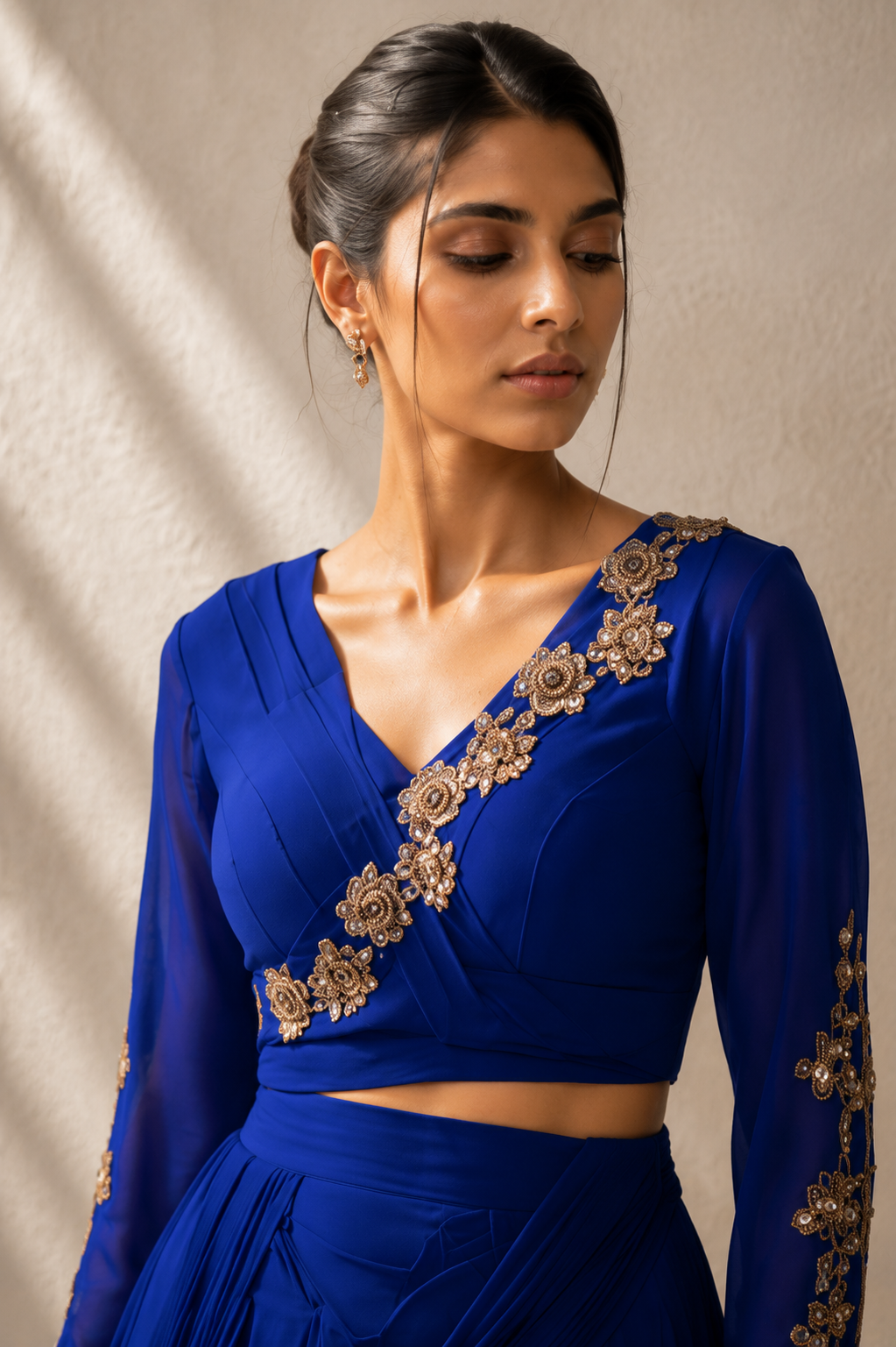 Royal Sapphire Embroidered Crop Blouse & Draped Skirt Set — Lehenga — view 3 | Lehar Clothing UAE