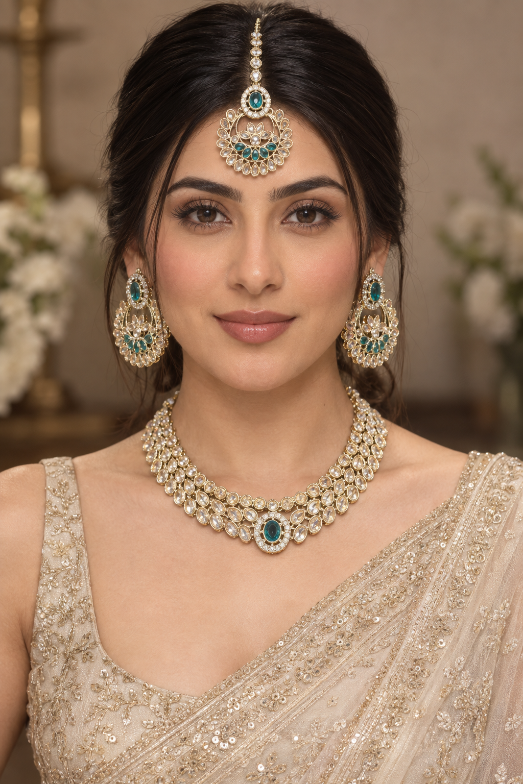 Teal Green Kundan Layered Choker Set with Chandbali Earrings & Maang Tikka - Indian Bridal Jewelry — Jewellery — view 2 | Lehar Clothing UAE