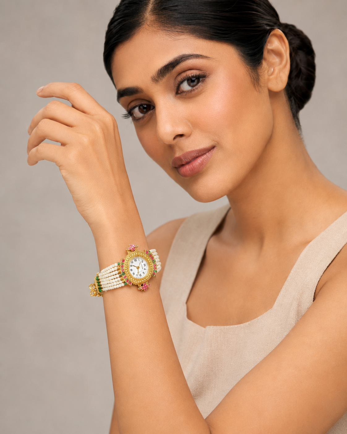 Multi-Strand Pearl Bead Jewelry Watch for Women - Gold Tone Indian Bracelet Watch — Jewellery — view 2 | Lehar Clothing UAE