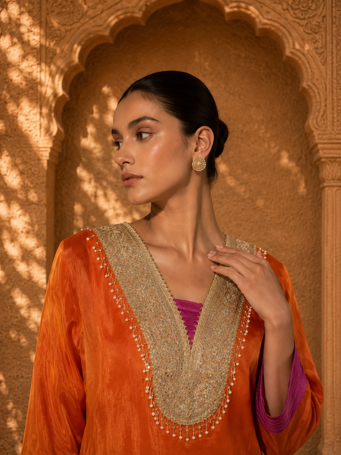 Orange Ombre Embroidered Straight Kurta with Cigarette Pants Set — Kurta Sets - Plus Size — view 5 | Lehar Clothing UAE