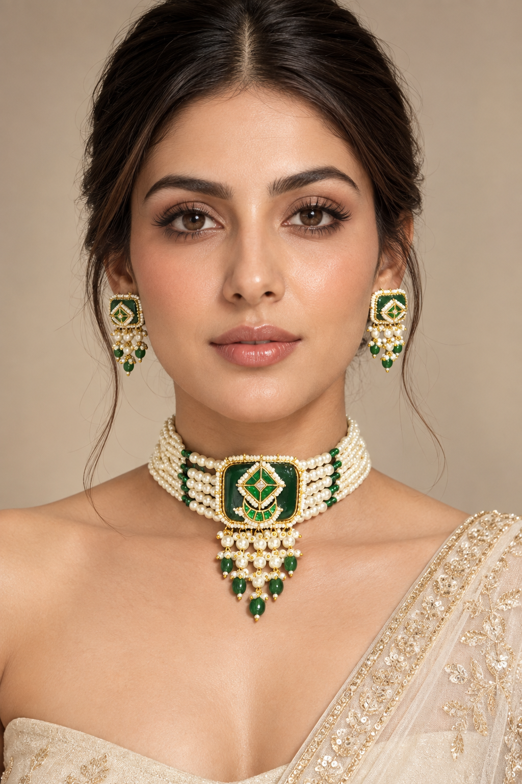 Pearl Bead Choker Set with Emerald Green Stone - Indian Bridal Jewelry — Jewellery — view 3 | Lehar Clothing UAE