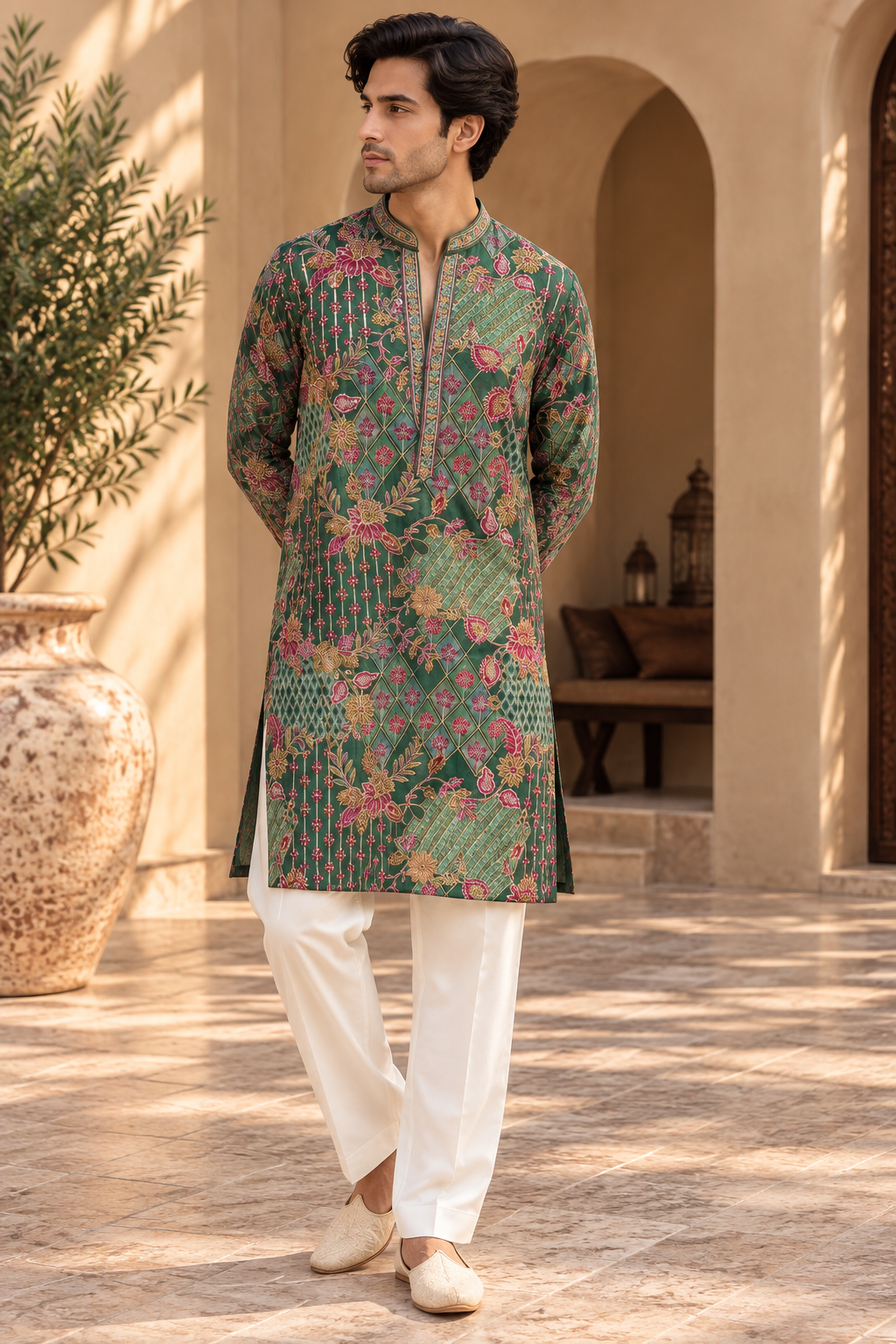 Men's Emerald Green Multicolor Floral & Geometric Embroidered Kurta Set with White Straight Pants — Kurta Sets | Lehar Clothing UAE