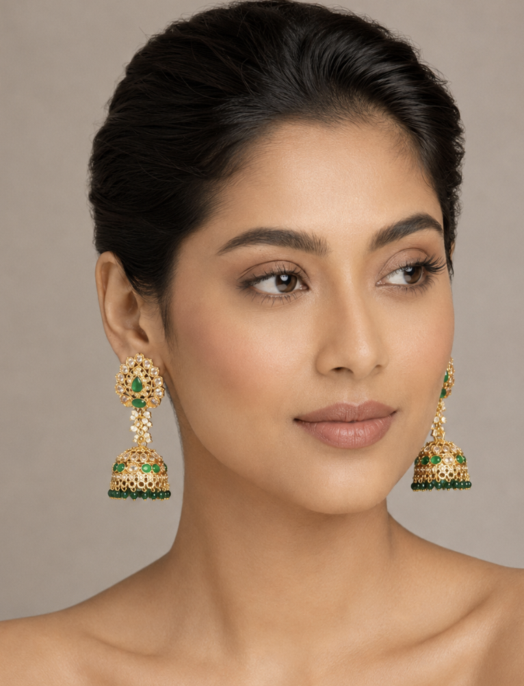 Imitation Gold-Tone Kundan Jhumka Earrings with Green Stones & Beaded Drops — Jewellery | Lehar Clothing UAE