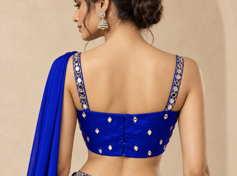Royal Blue Mirror Work Blouse & Draped Skirt Set with Dupatta — Fusion wear — view 3 | Lehar Clothing UAE