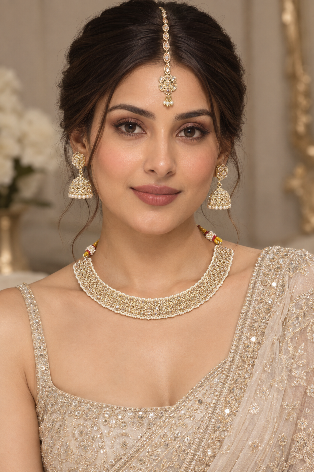 Champagne Kundan & Pearl Choker Set with Jhumka Earrings & Maang Tikka – Indian Bridal Jewelry — Jewellery — view 2 | Lehar Clothing UAE