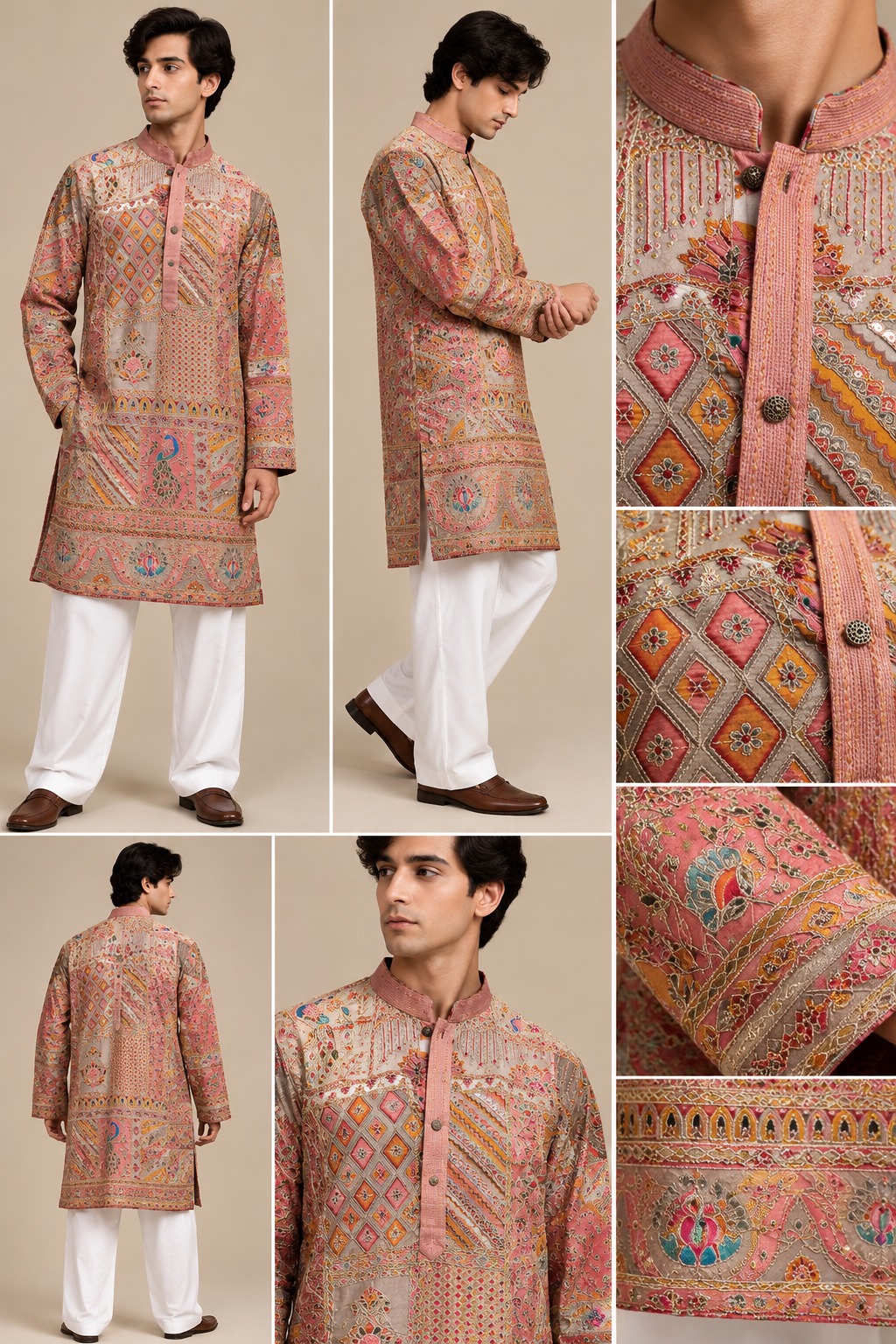 Men’s Dusty Pink Multicolour Patchwork Print Festive Kurta with White Straight Pants — Kurta Sets — view 2 | Lehar Clothing UAE