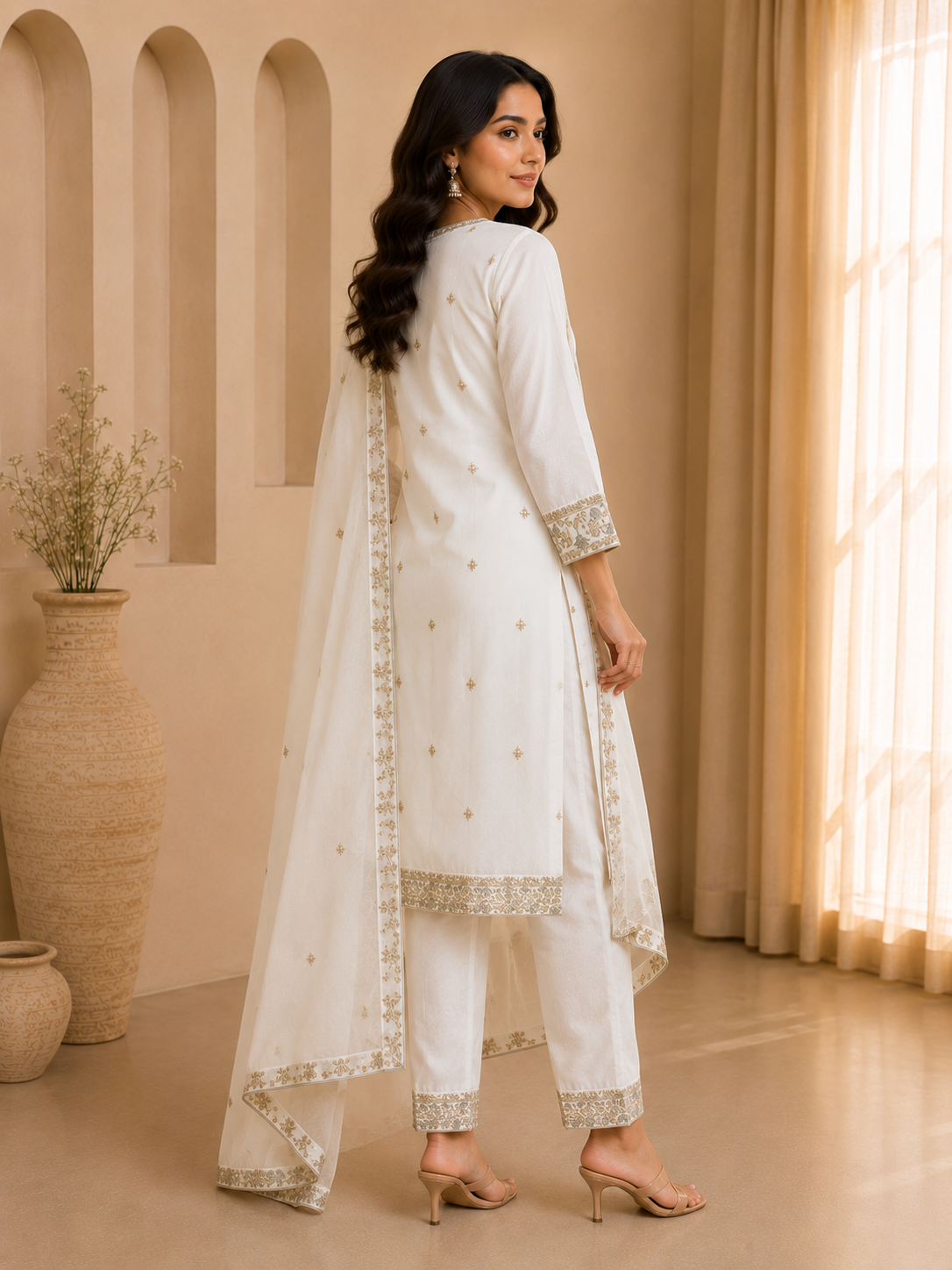 Ivory Gold Embroidered Kurta Set with Dupatta — Kurta Sets — view 3 | Lehar Clothing UAE
