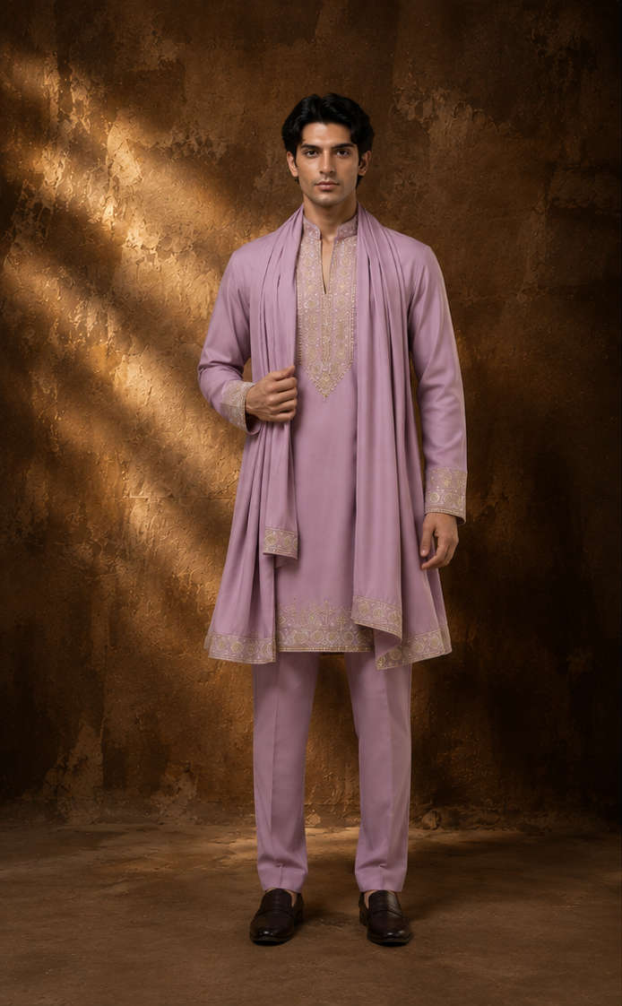 Men’s Pink Embroidered Kurta Set with Matching Stole & Trousers — Kurta Sets — view 3 | Lehar Clothing UAE