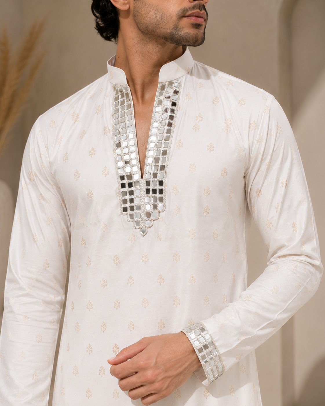 Ivory Mirror Embellished Kurta Set — Kurta Sets — view 3 | Lehar Clothing UAE